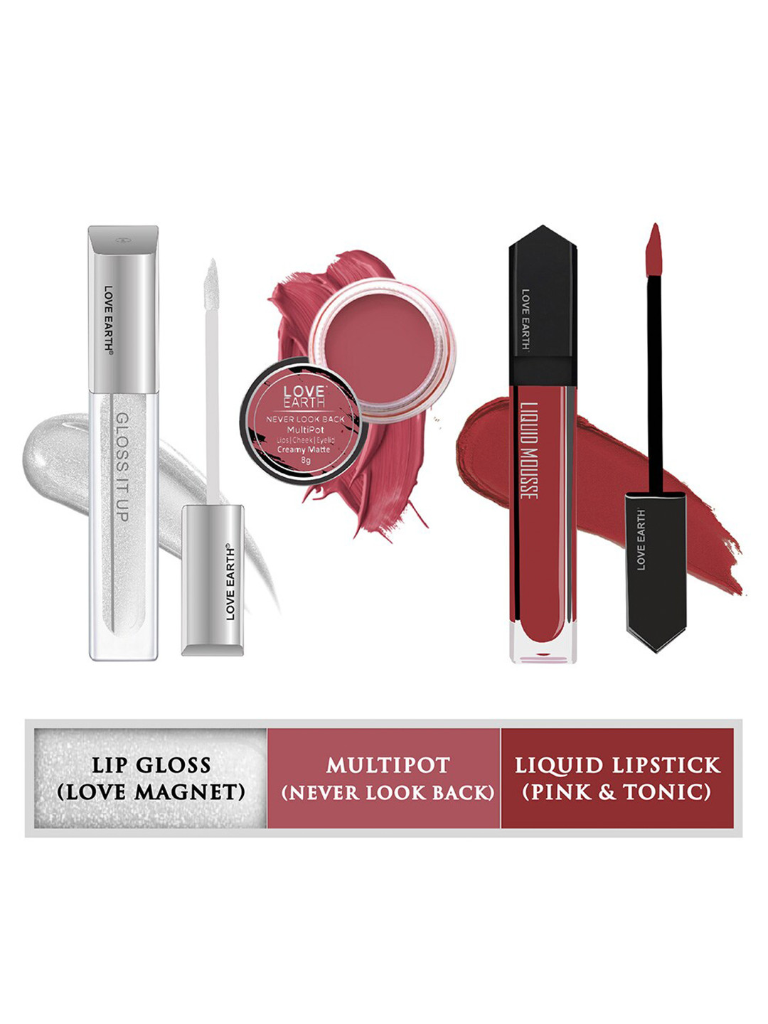 

LOVE EARTH Set Of 3 Lip & Cheek Tint Multipot - 8g -Lip Gloss - 3ml-Liquid Lipstick - 6ml, Pink