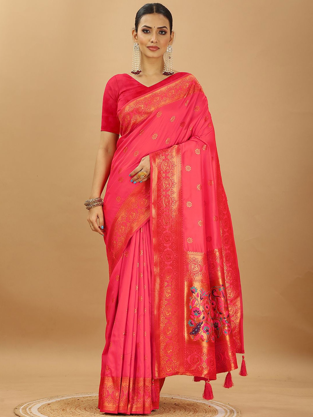 

SWAMI STUDIO Women Woven Design Zari Pure Silk Paithani Saree, Rust