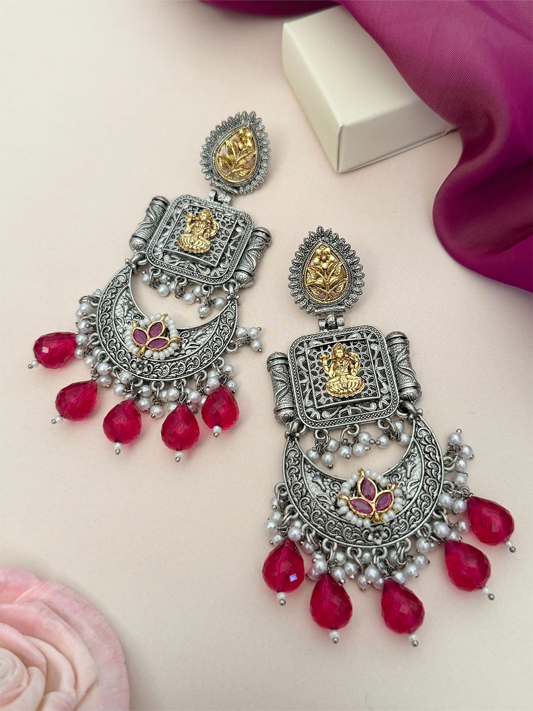 

ABDESIGNS Silver-Plated Classic Stone Studded & Beaded Drop Earrings