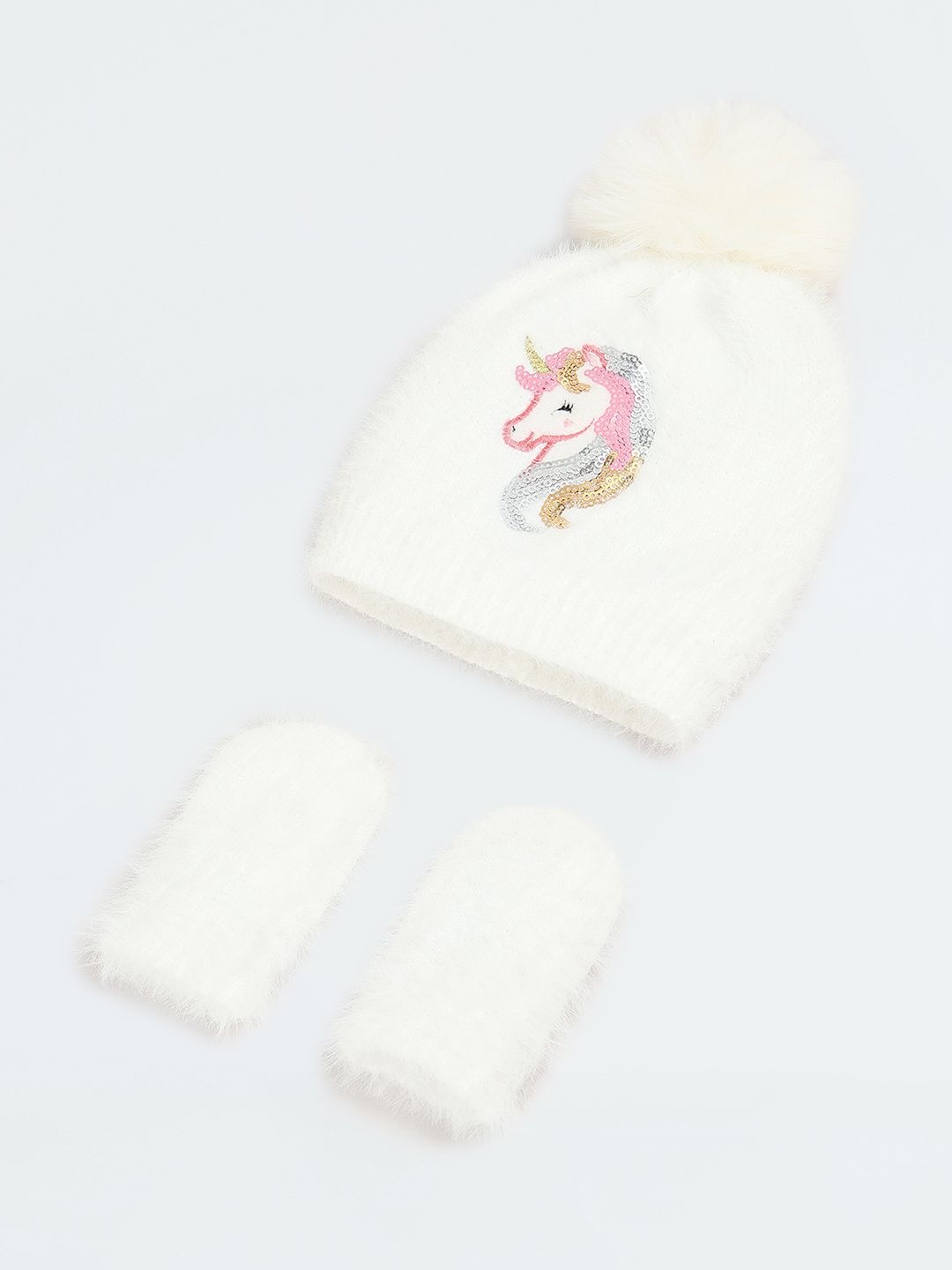 

max Girls Embellished Beanie & Mitten Set, Off white