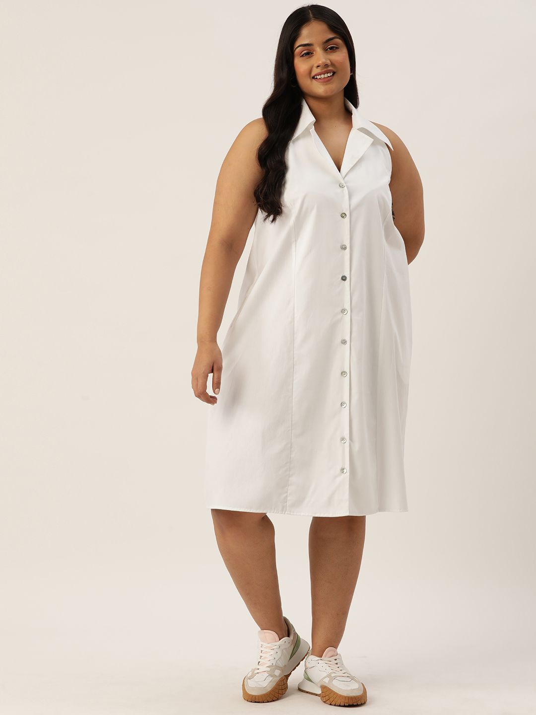 

theRebelinme Women Cotton Plus Size Sleeveless A-Line Dress, White