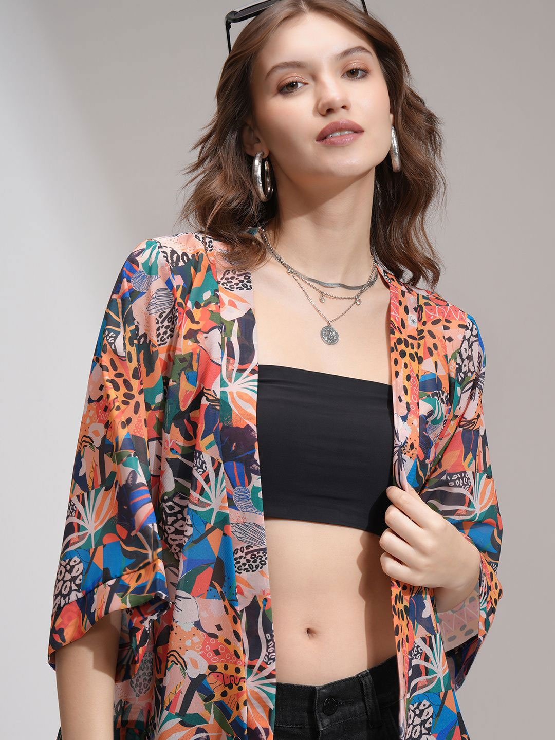 

Tokyo Talkies Women Printed Front Open Shrug, Mustard