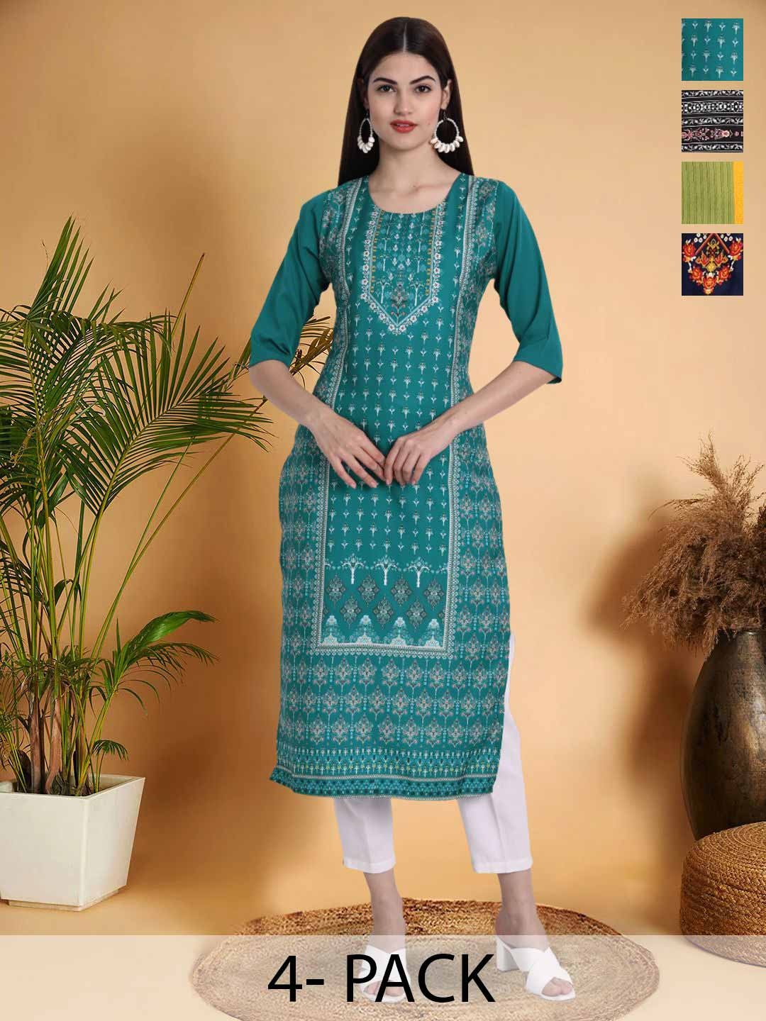 

7Threads Selection Of 4 Ethnic Motifs Printed Straight Kurtas, Blue