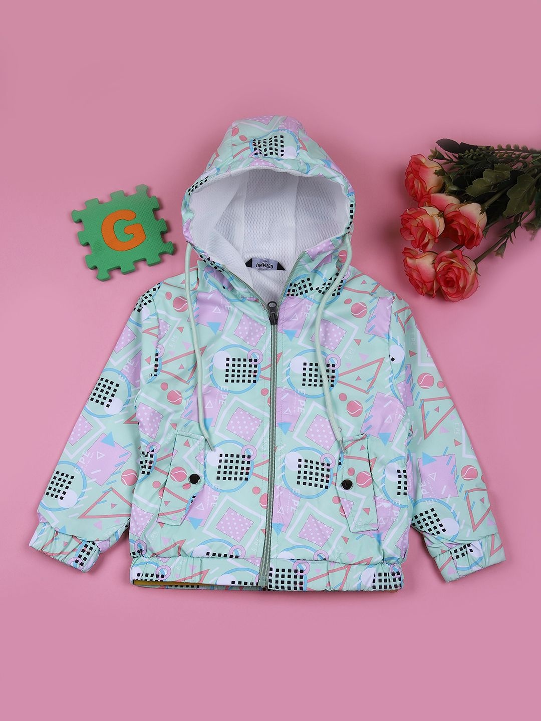 

V-Mart Girls Hooded Geometric Printed Cotton Casual Bomber Jacket, Green