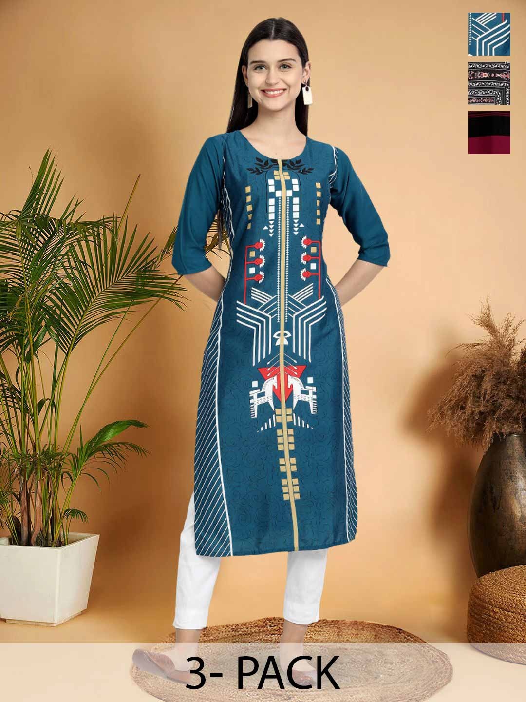 

7Threads Selection Of 3 Geometric Printed Straight Kurtas, Blue