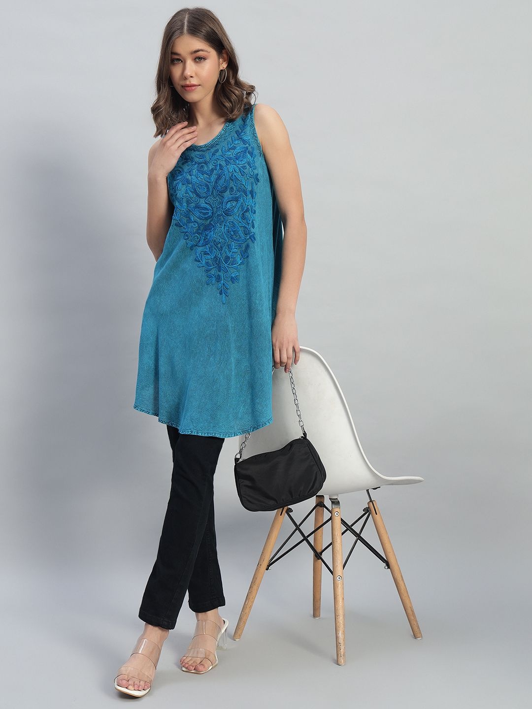 

VELDRESS Women Floral Embroidered A-Line Mini Dress, Blue