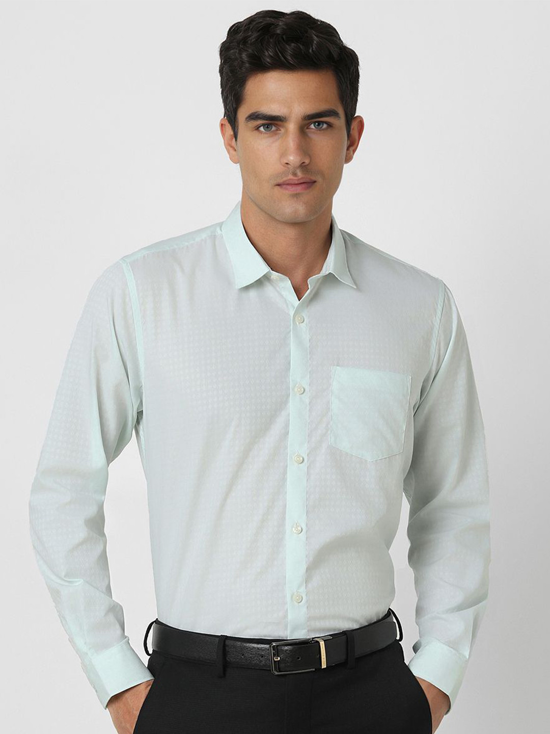 

Peter England Men Slim Fit Spread Collar Textured Cotton Formal Shirt, Green