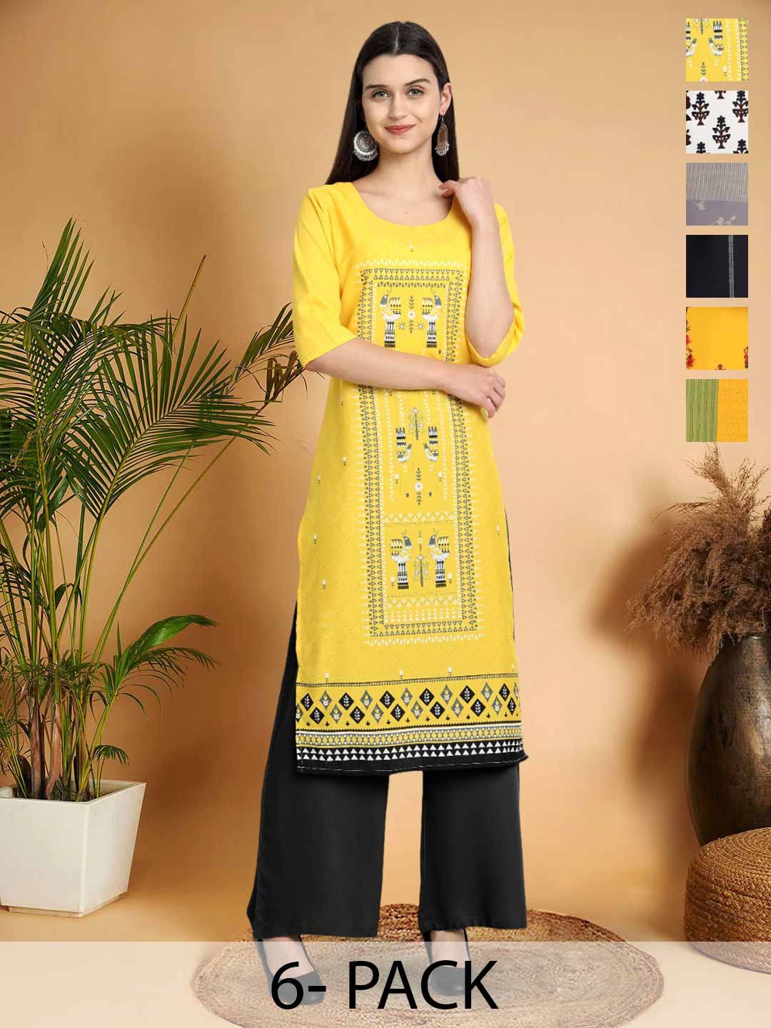 

7Threads Selection Of 6 Ethnic Motifs Printed Round Neck Kurtas, Yellow