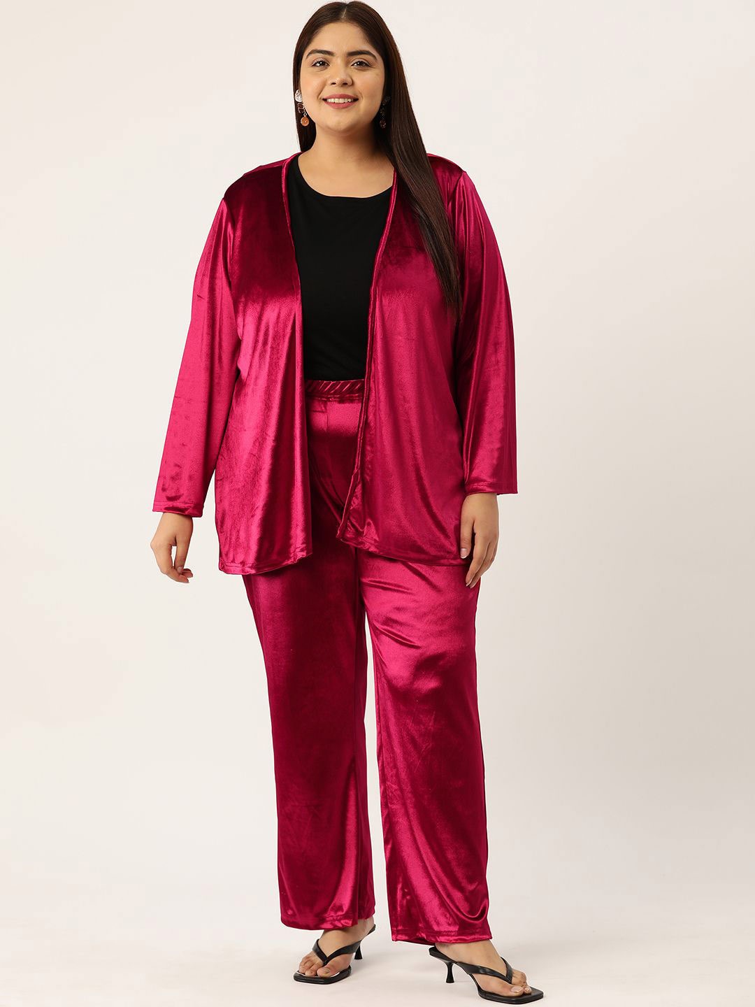 

theRebelinme Plus Size Long Sleeves Front Open Velvet Shrug With Trouser, Red