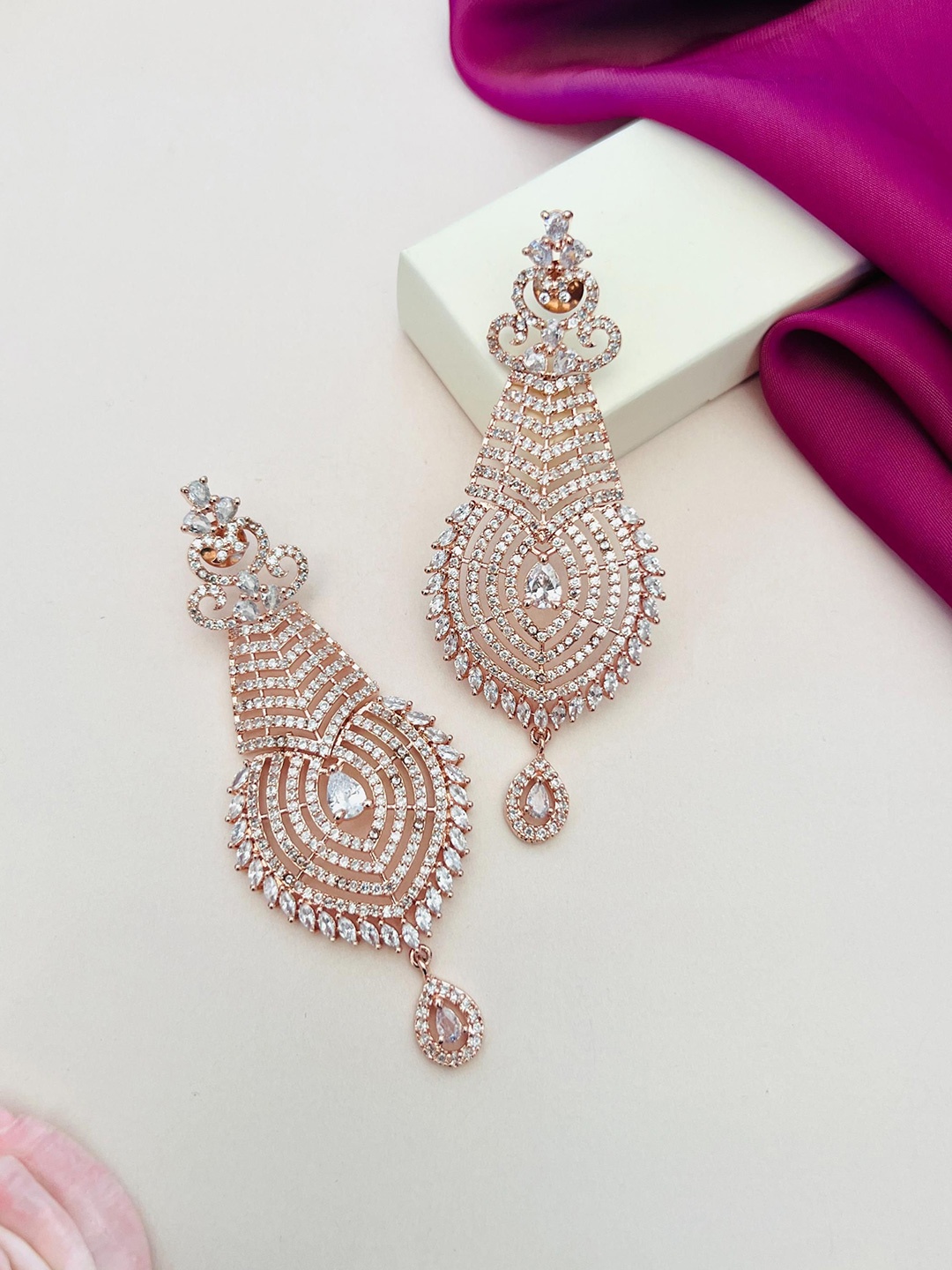 

ABDESIGNS Rose Gold-Plated American Diamond Studded Classic Drop Earrings