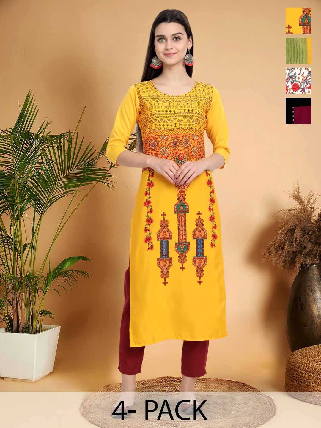 

7Threads Selection Of 4 Floral Printed Round Neck Straight Kurtas, Yellow