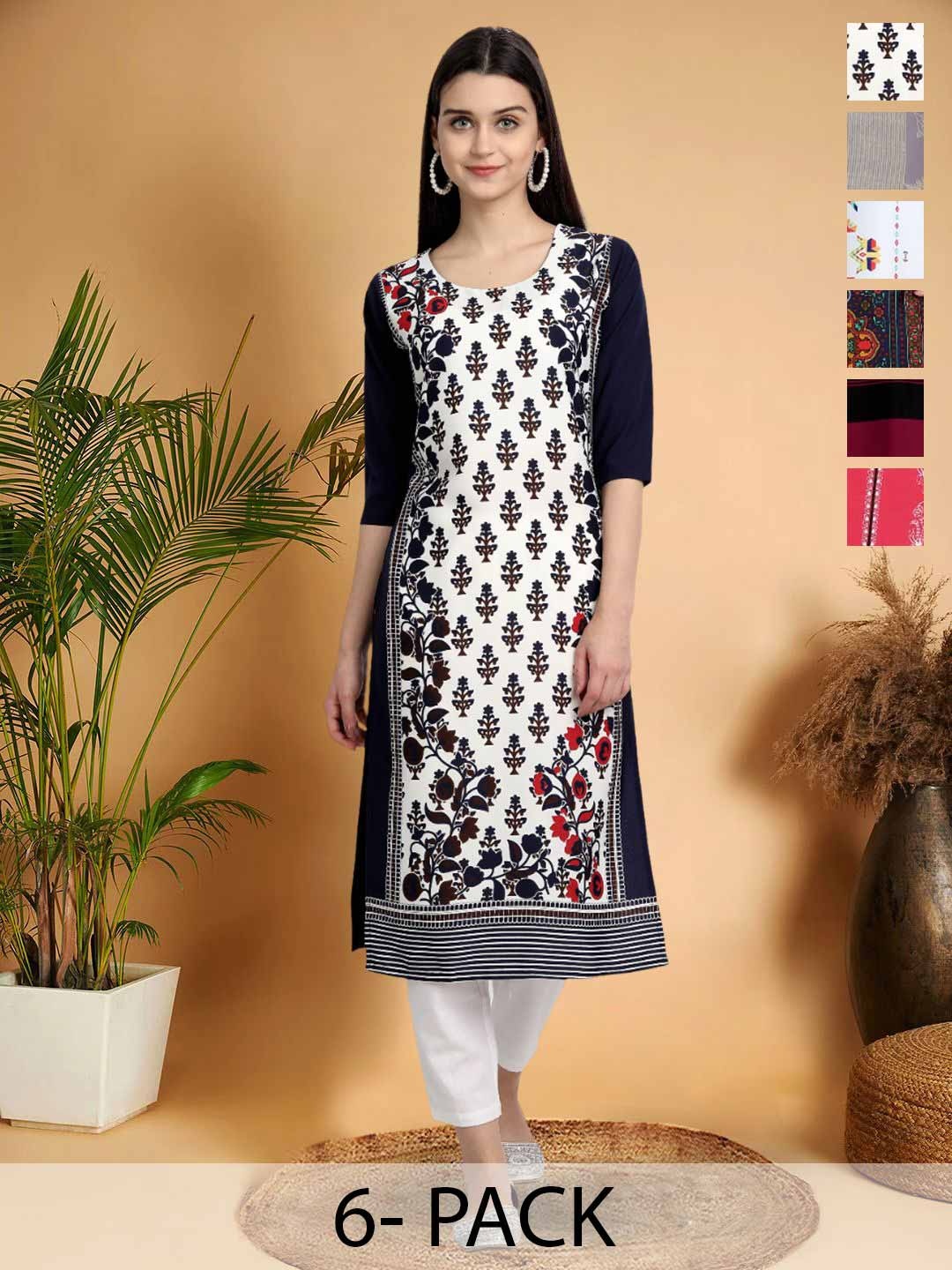 

7Threads Selection Of 6 Floral Printed Round Neck Straight Kurtas, Black