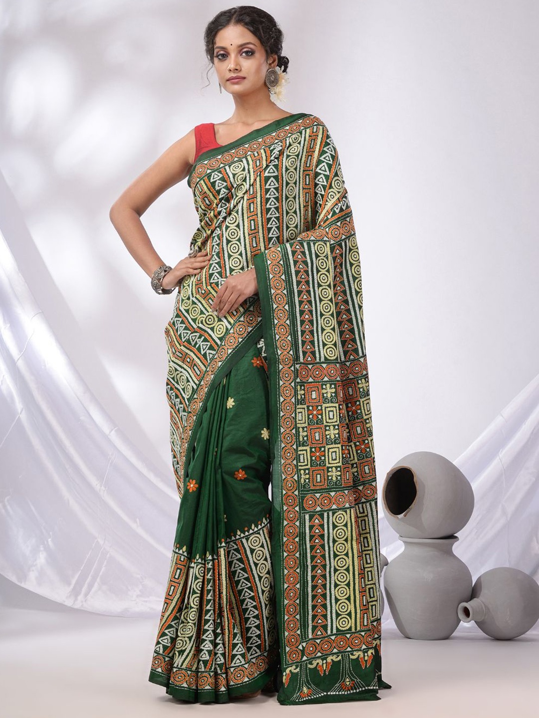 

Charukriti Kantha Work Saree, Green