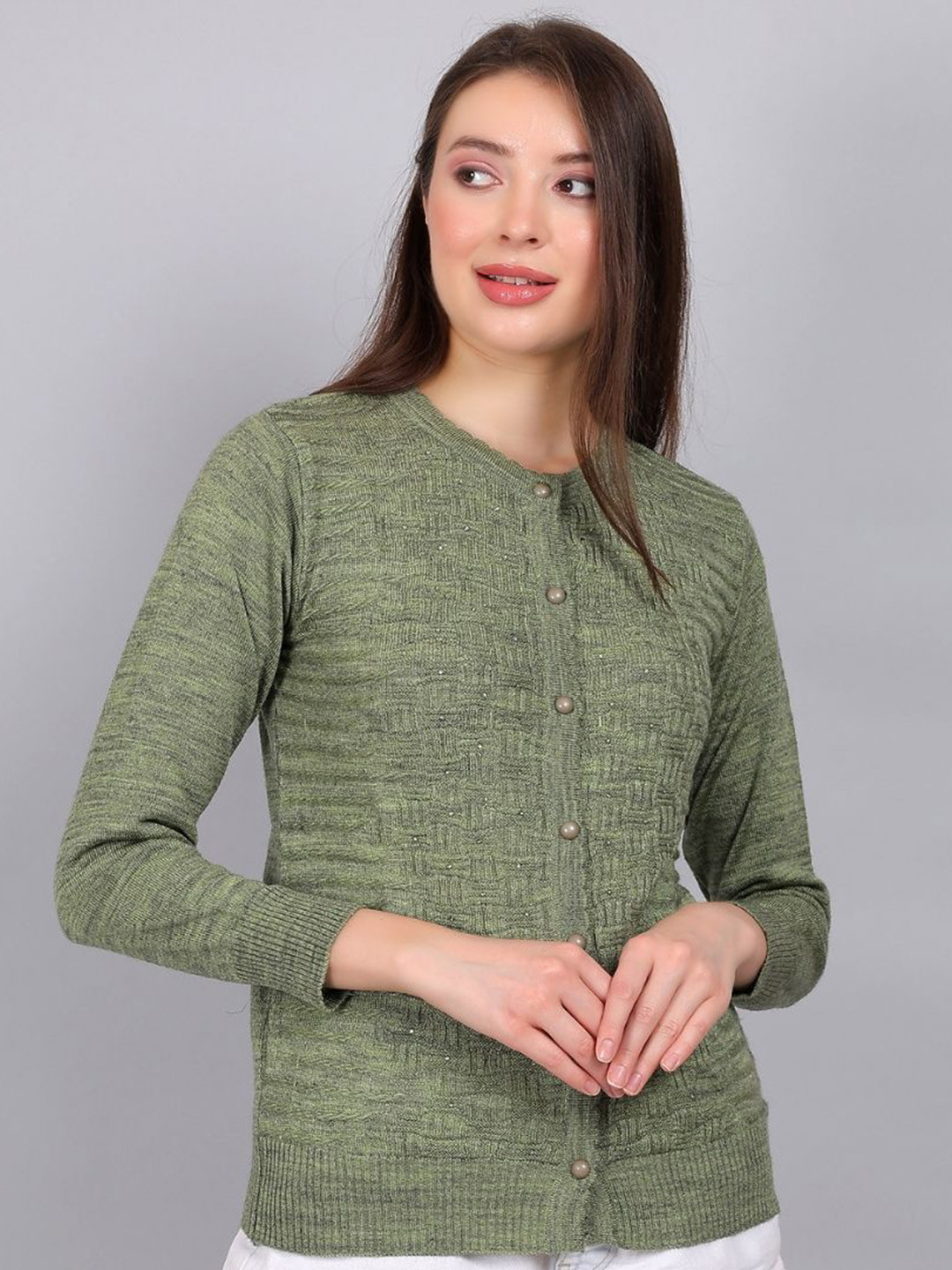 

YOUTH ROBE Women Round Neck Cardigan Sweaters, Green