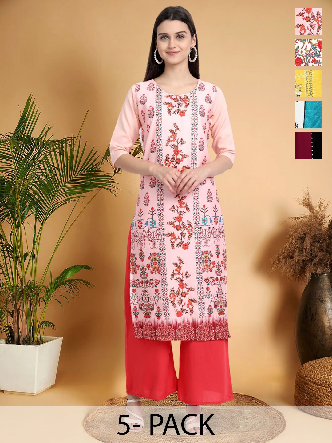 

7Threads Selection Of 5 Ethnic Motifs Printed Round Neck Straight Kurtas, Pink