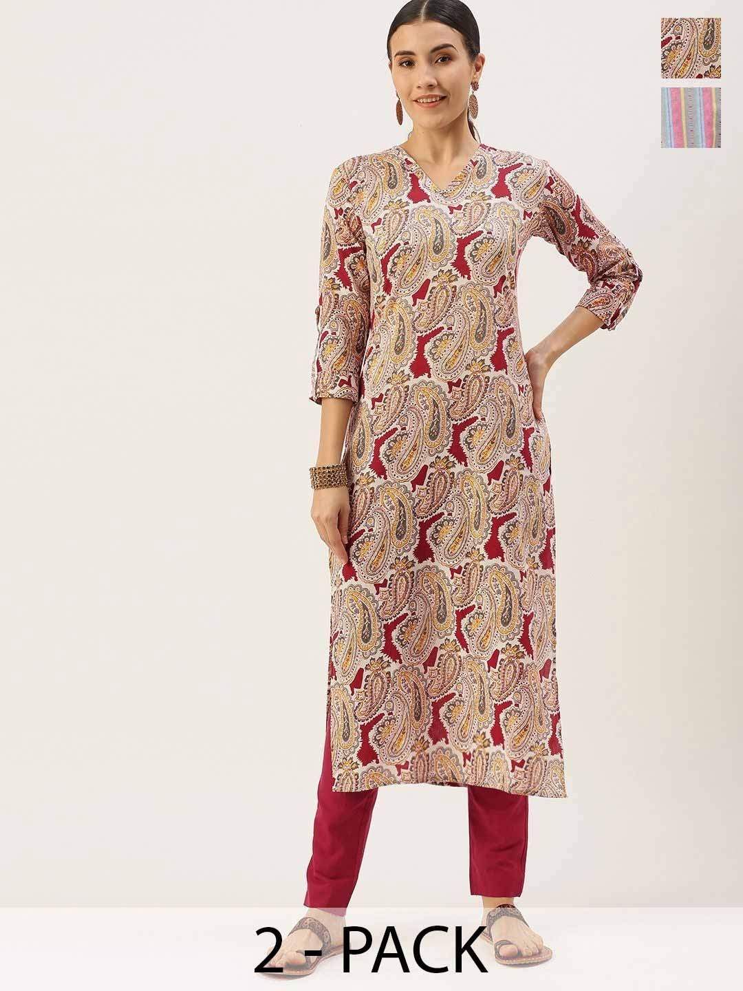 

KALINI Selection of 2 Floral Printed V-Neck Straight Kurta with Trousers, Beige