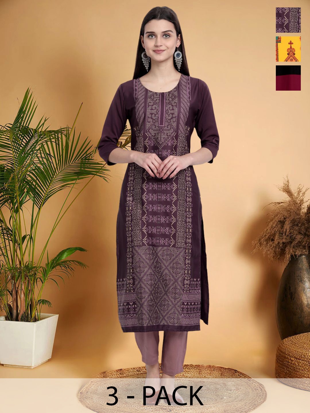 

7Threads Selection Of 3 Ethnic Motifs Printed Straight Kurtas, Purple