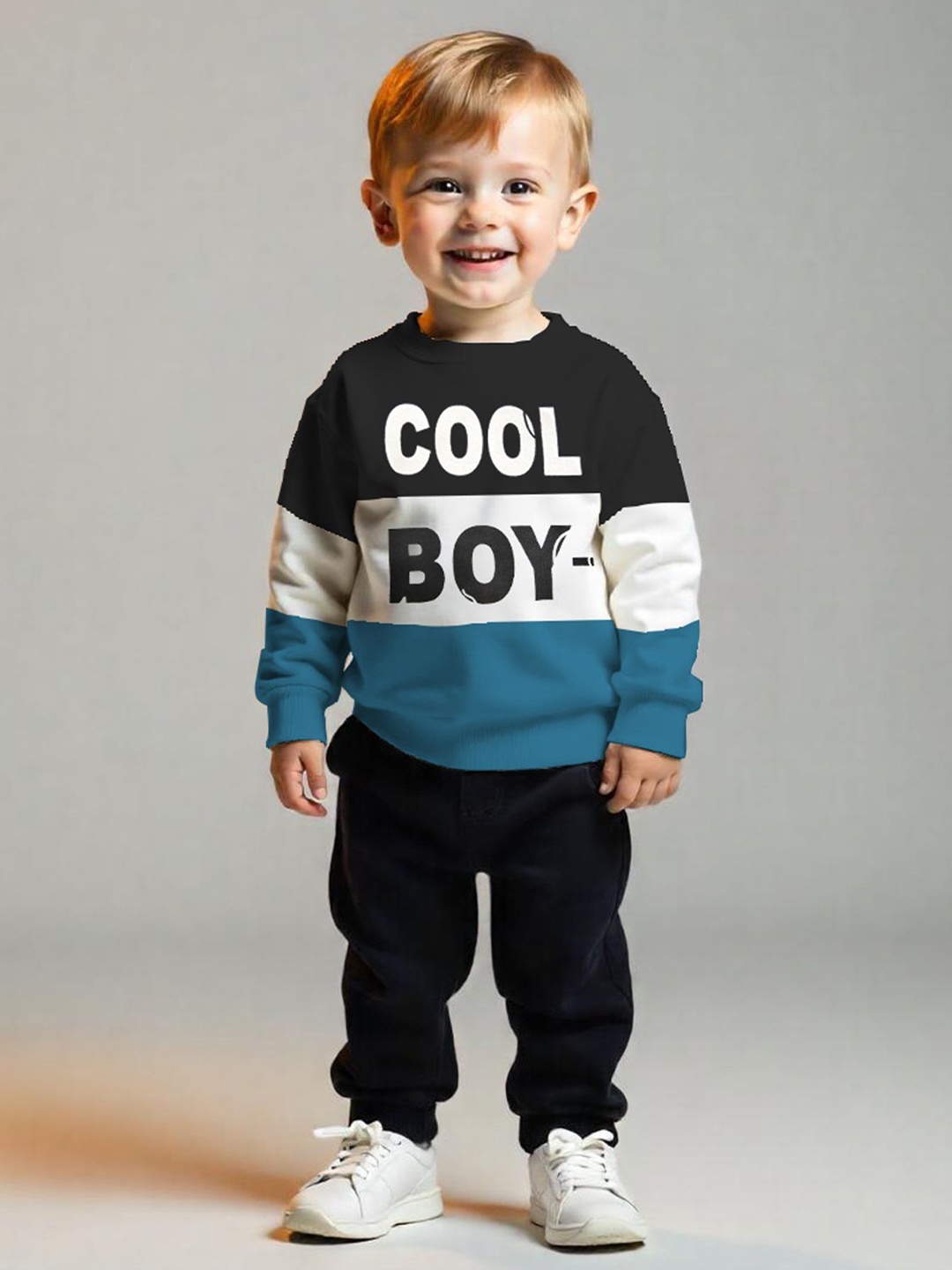 

Lofn Kids Colourblocked Long Sleeves Pure Cotton Sweatshirt With Joggers, White