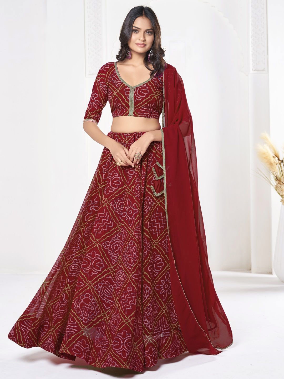 

KALINI Printed Semi-Stitched Lehenga & Unstitched Blouse With Dupatta, Red