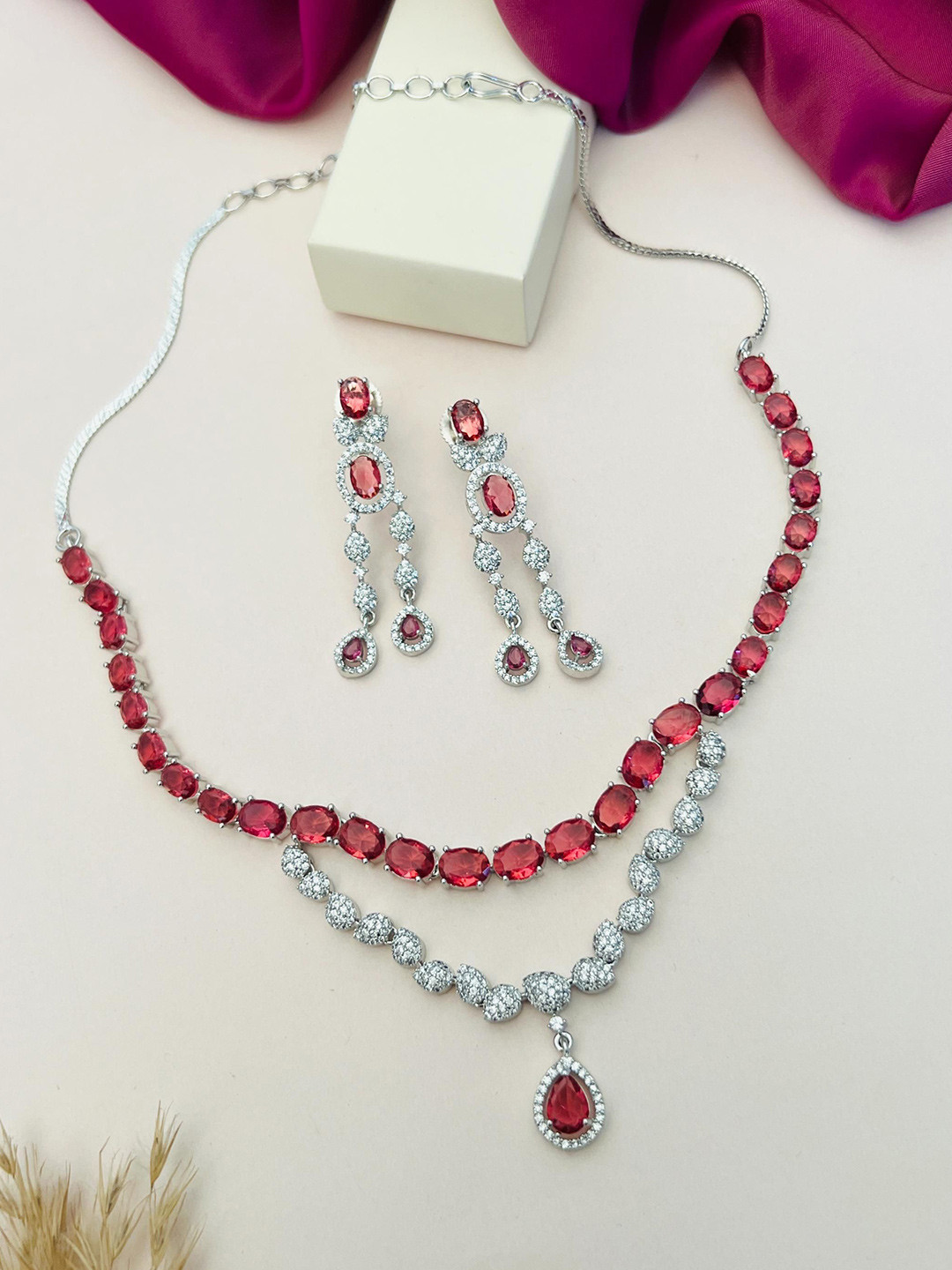 

ABDESIGNS Sliver Plated American Diamond Studded Jewellery Set, Silver