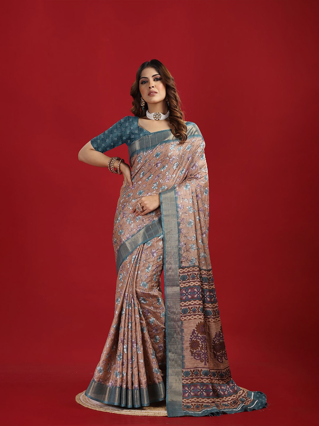 

A.V.M. SILK MILLS Floralal Printed Zari Saree, Turquoise blue