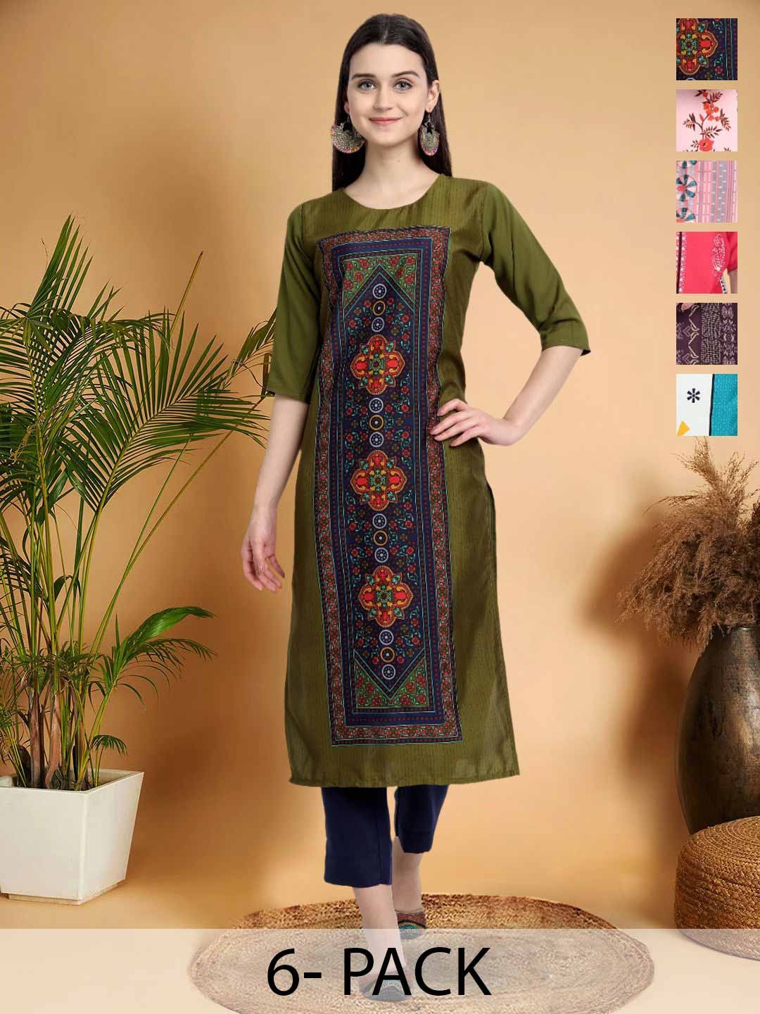 

7Threads Selection Of 6 Ethnic Motifs Printed Round Neck Straight Kurta, Olive