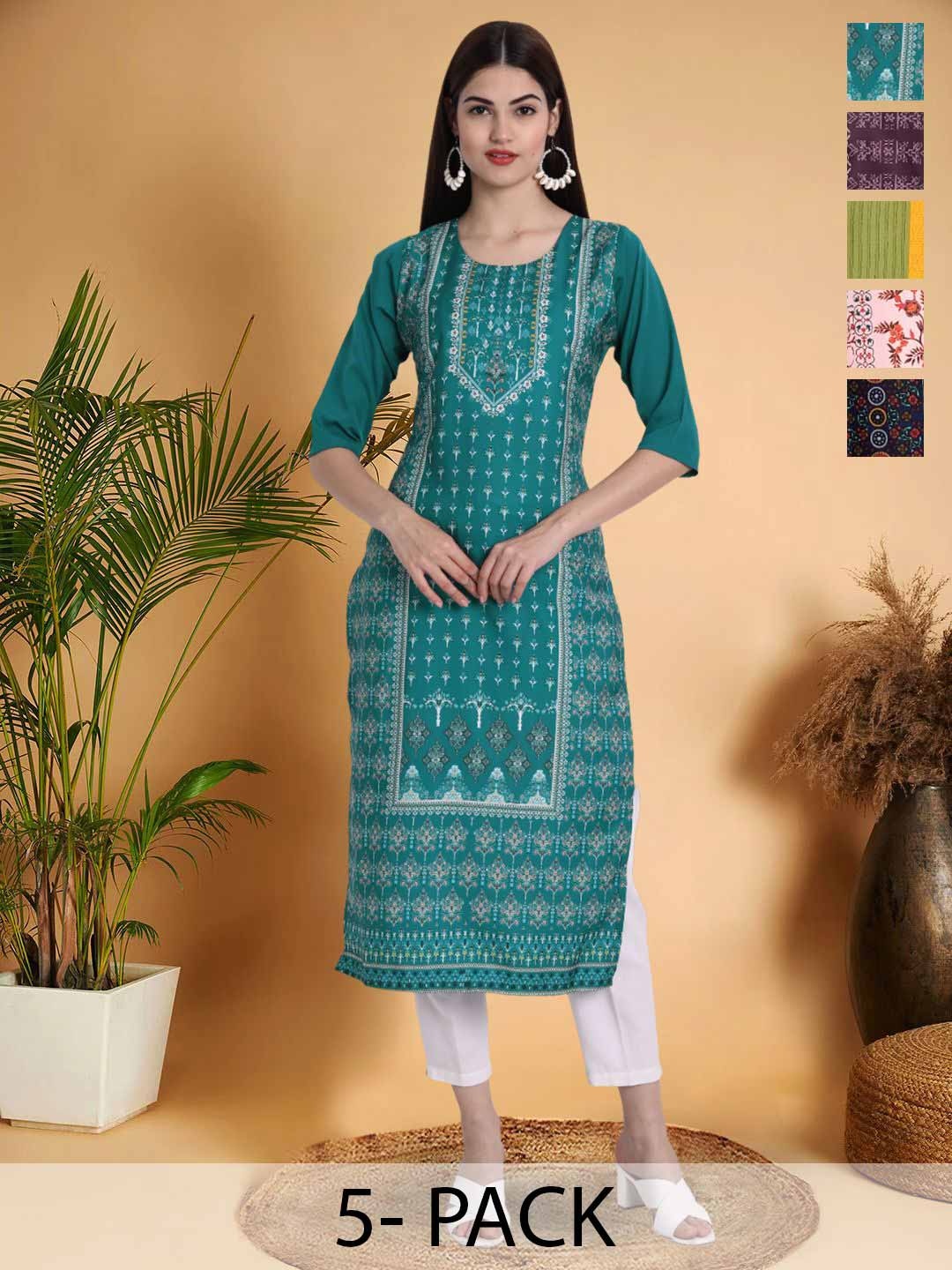 

7Threads Selection Of 5 Ethnic Motifs Printed Round Neck Straight Kurtas, Green