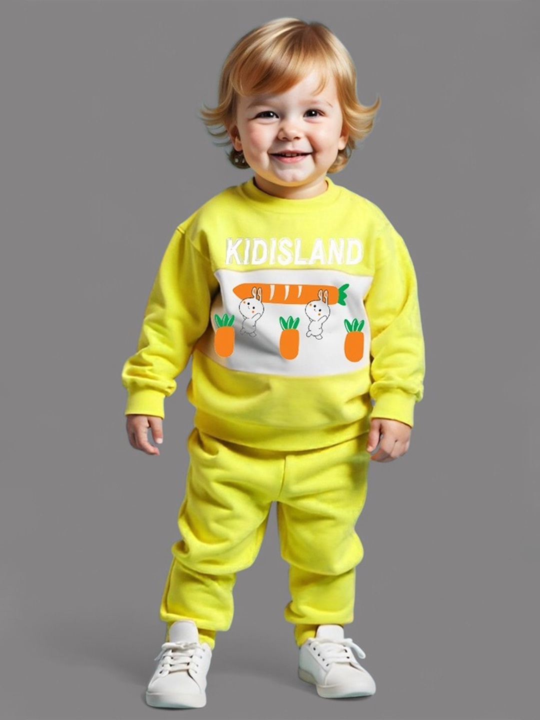 

Lofn Kids Printed Long Sleeves Pure Cotton Sweatshirt With Joggers, Yellow