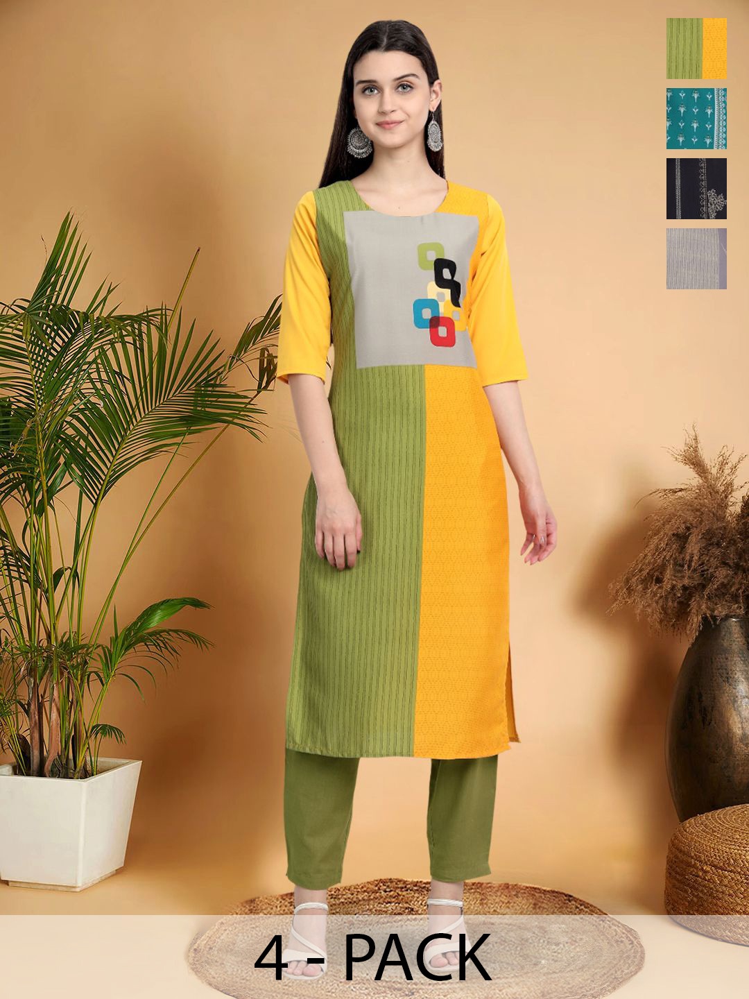

7Threads Selection Of 4 Colourblocked Printed Round Neck Straight Kurtas, Yellow