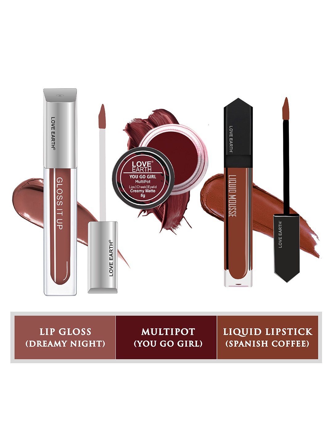 

LOVE EARTH Set Of 3 Lip & Cheek Tint Multipot - 8g-Lip Gloss - 3ml-Liquid Lipstick - 6ml, Coffee brown