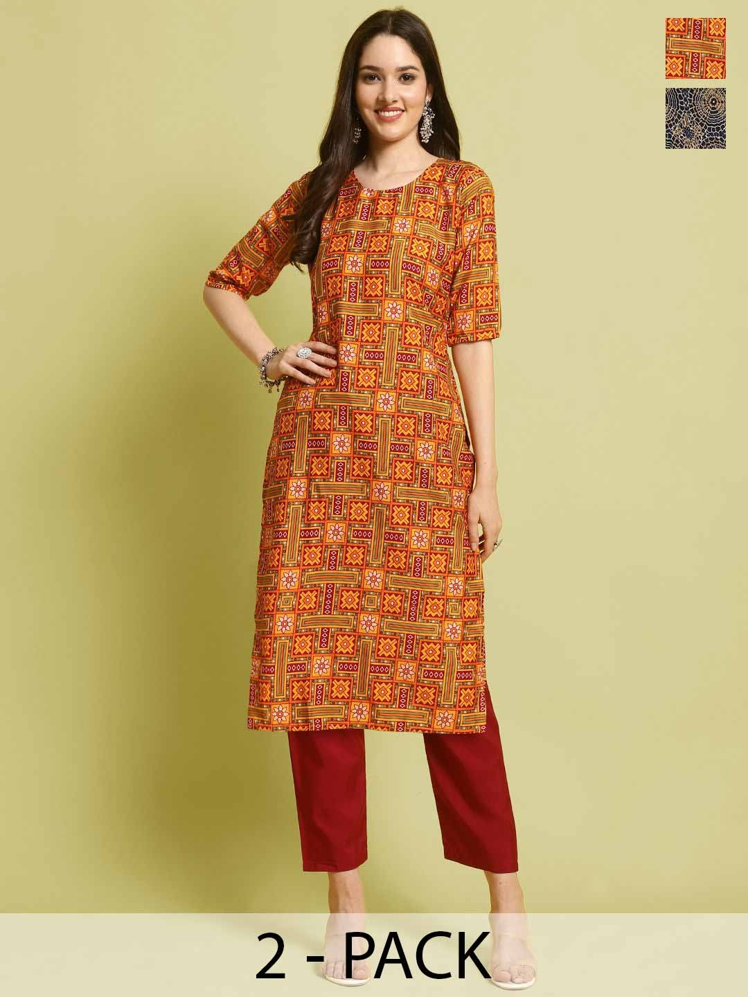 

7Threads Selection Of 2 Ethnic Motifs Printed Straight Kurtas With Trousers, Yellow