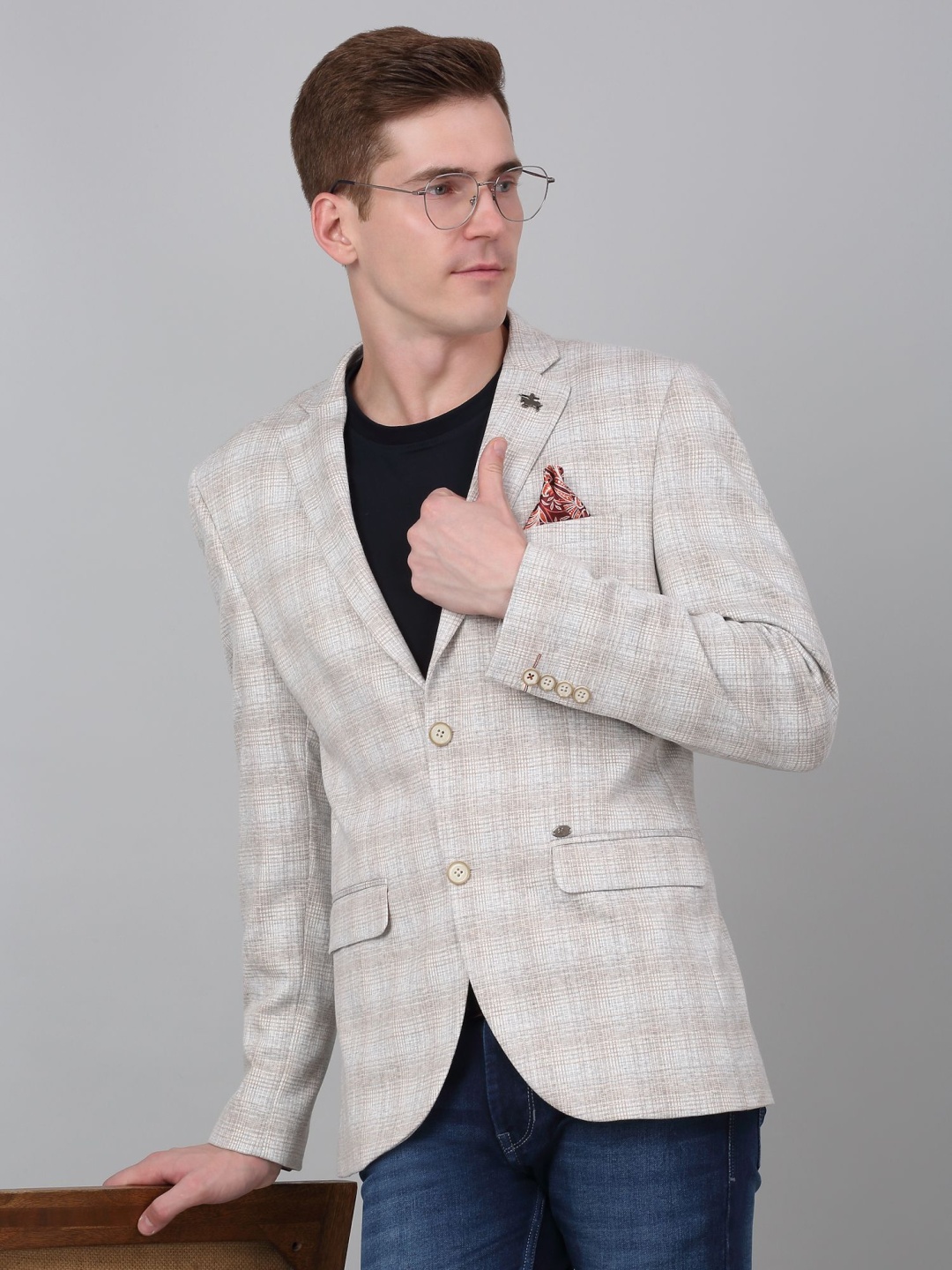

Cantabil Checked Notched Lapel Single Breasted Blazer, Beige