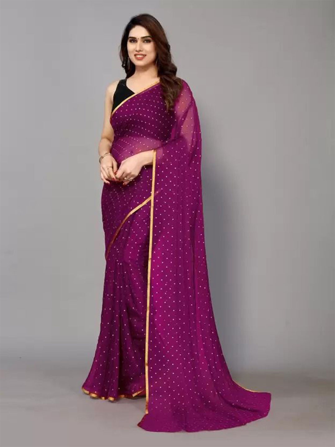 

SAADHVI Embellished Beads and Stones Pure Georgette Saree, Burgundy