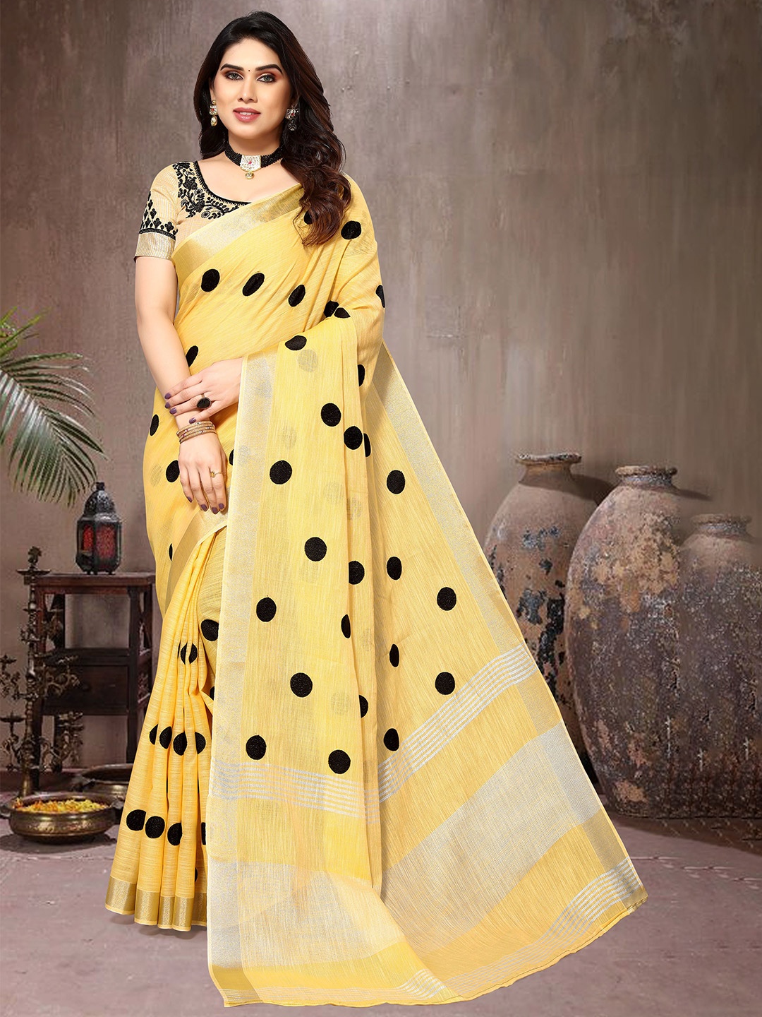 

A.V.M. SILK MILLS Polka Dot Printed Zari Pure Cotton Saree, Yellow