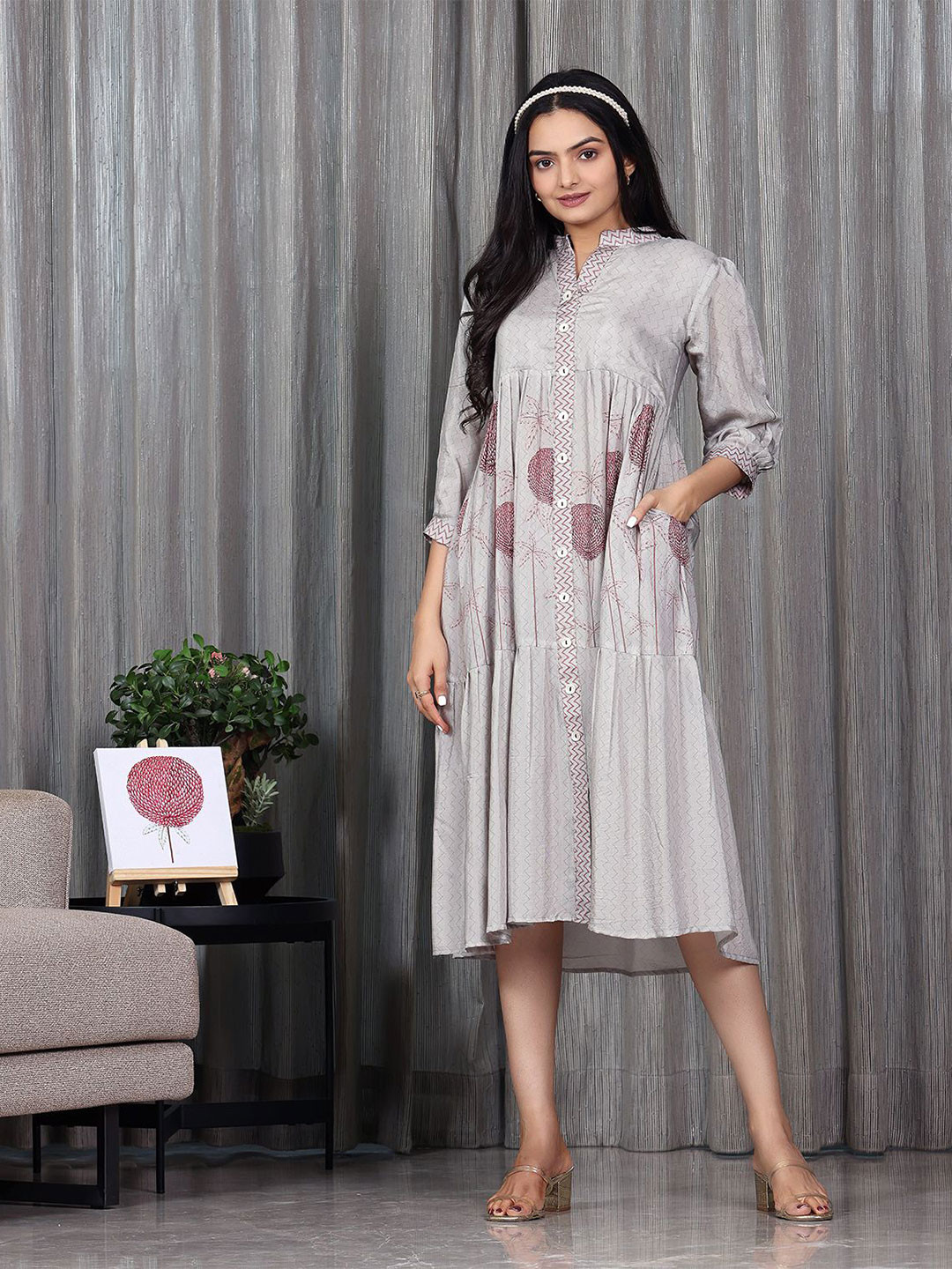 

SUKRUTI DESIGN Printed Puff Sleeve Shirt Dress, Grey