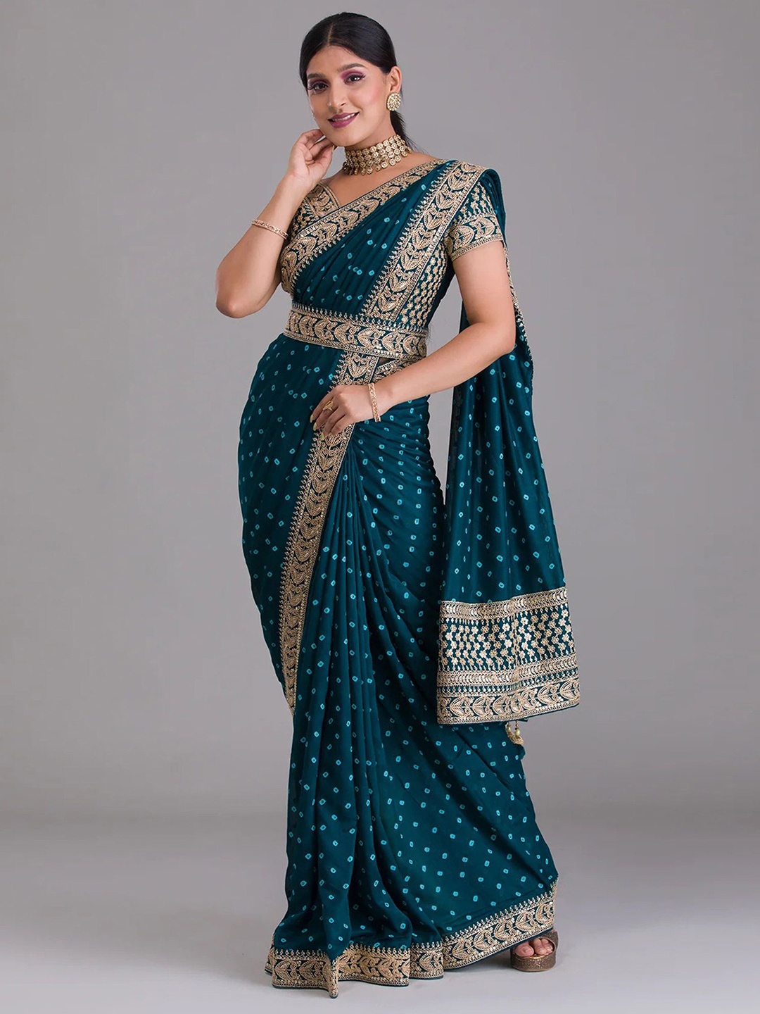 

Peachmode Embroidered Bandhani Printed Sequinned Belted Saree, Blue