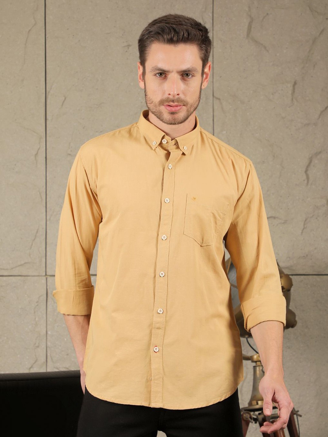 

COBB Men Slim Fit Button-Down Collar Solid Cotton Casual Shirt, Orange