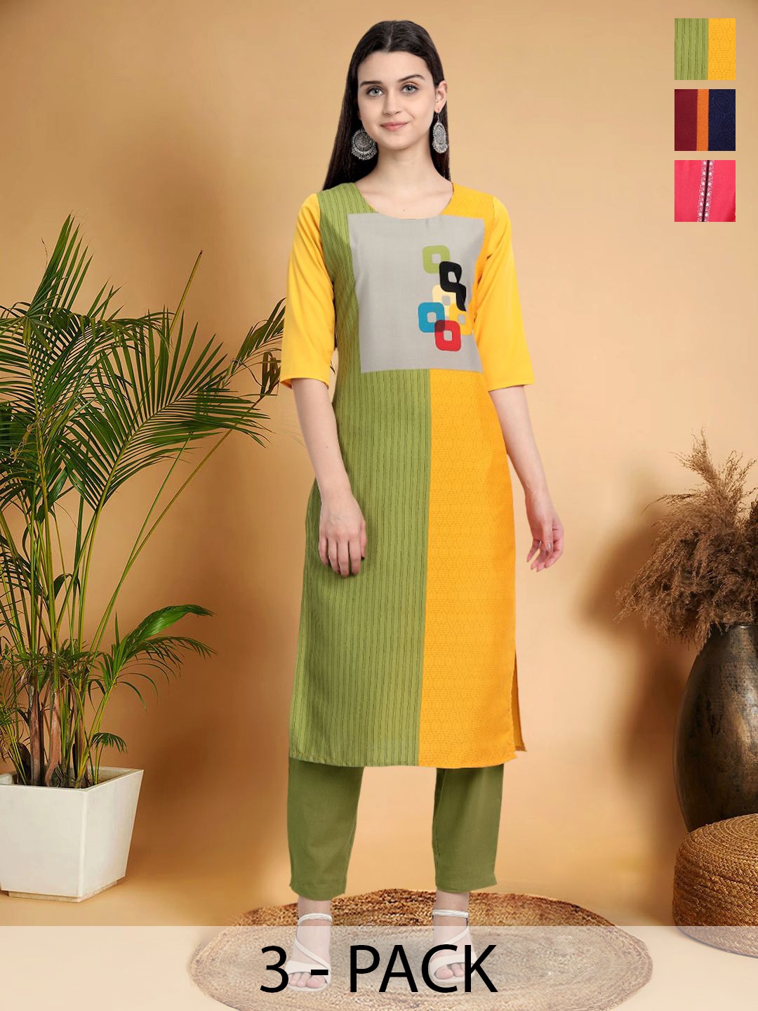 

7Threads Selection Of 3 Colourblocked Printed Round Neck Straight Kurtas, Green