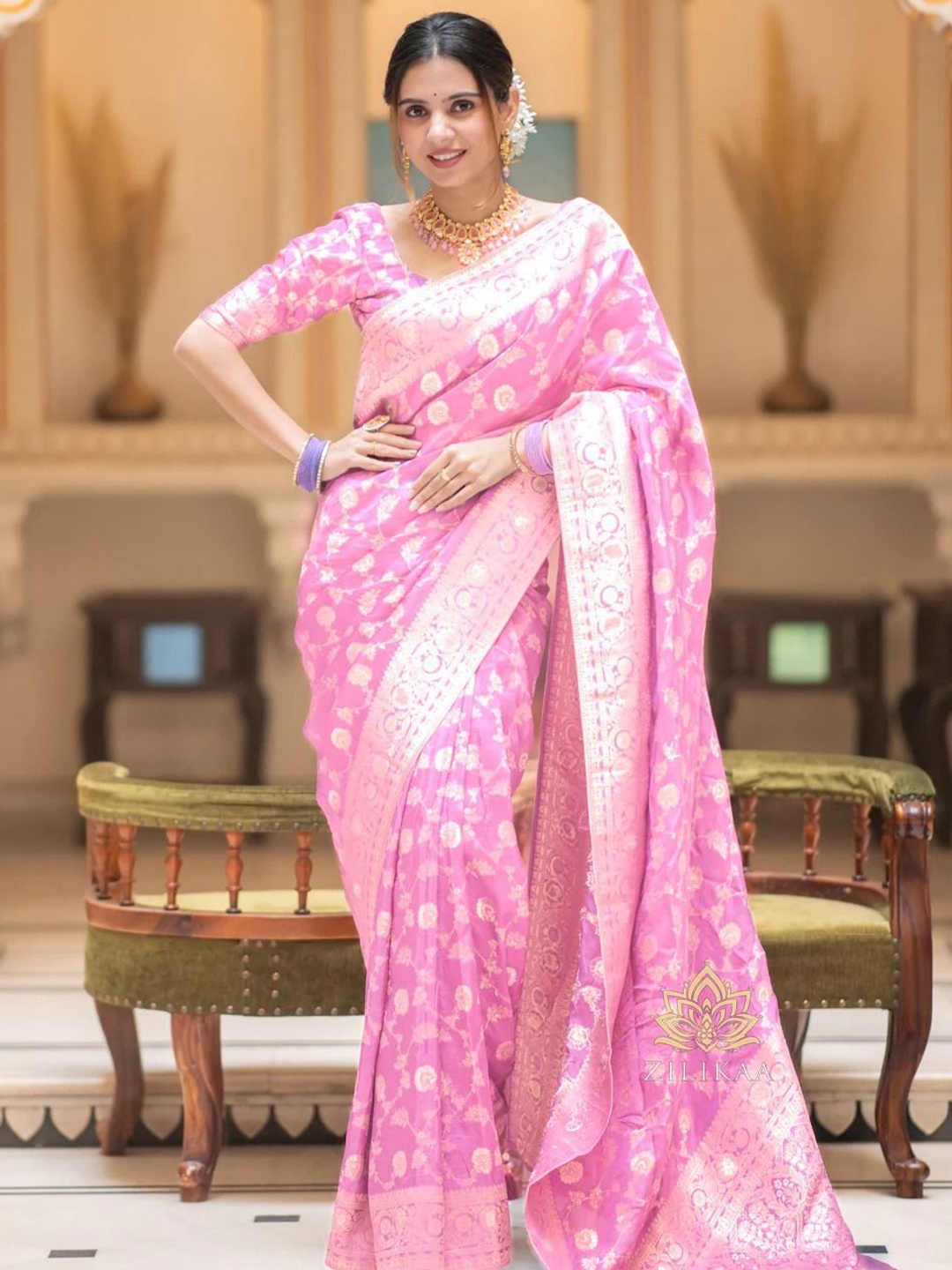 

zinzraa Ethnic Motifs Zari Pure Silk Kanjeevaram Saree, Rose gold