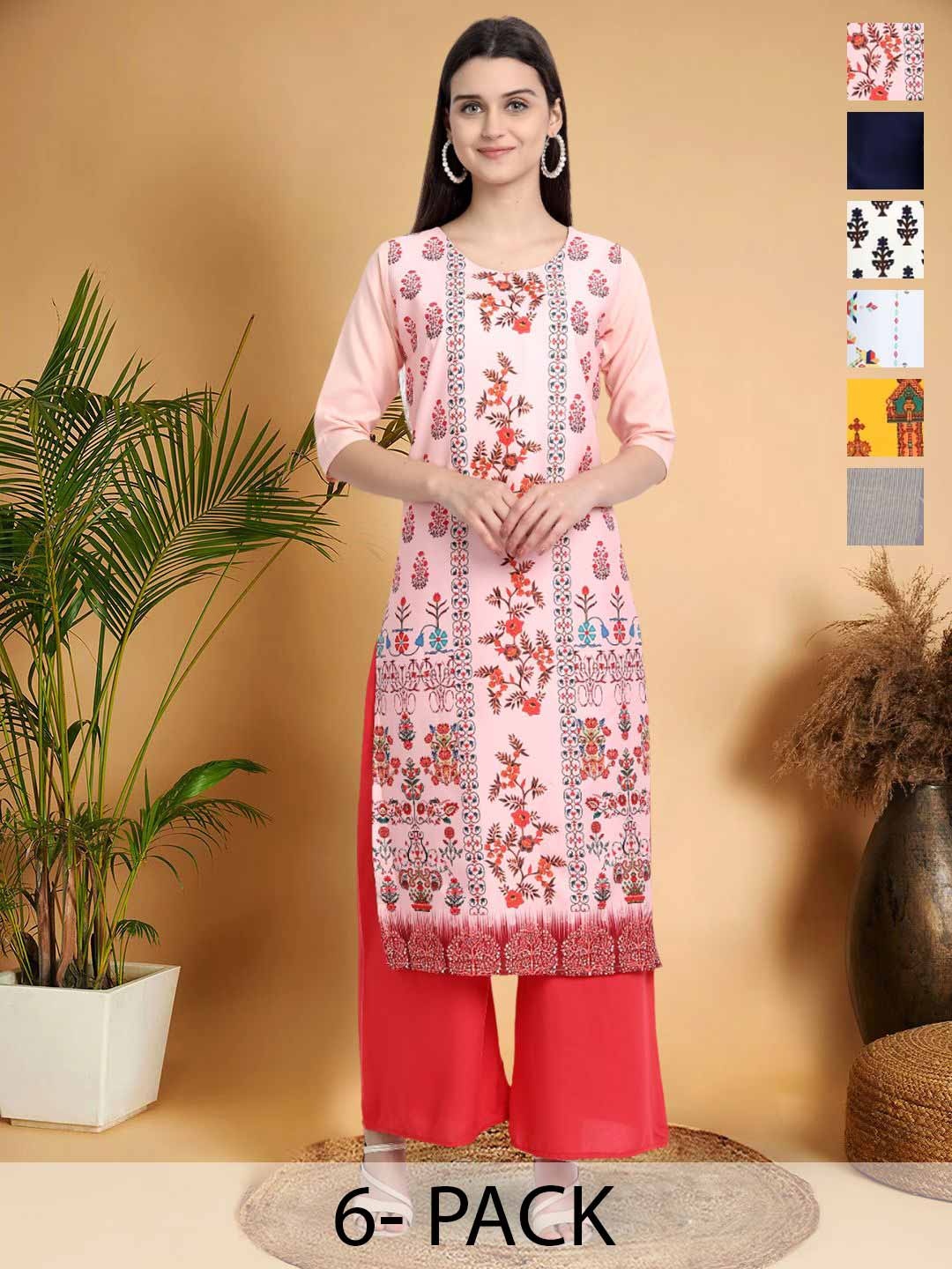 

7Threads Selection Of 6 Floral Printed Round Neck Kurtas, Peach