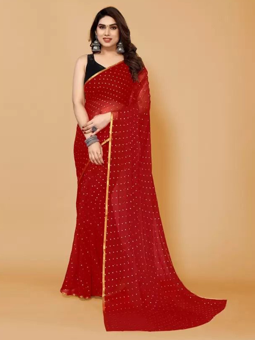 

SAADHVI Embellished Beads and Stones Pure Georgette Saree, Red