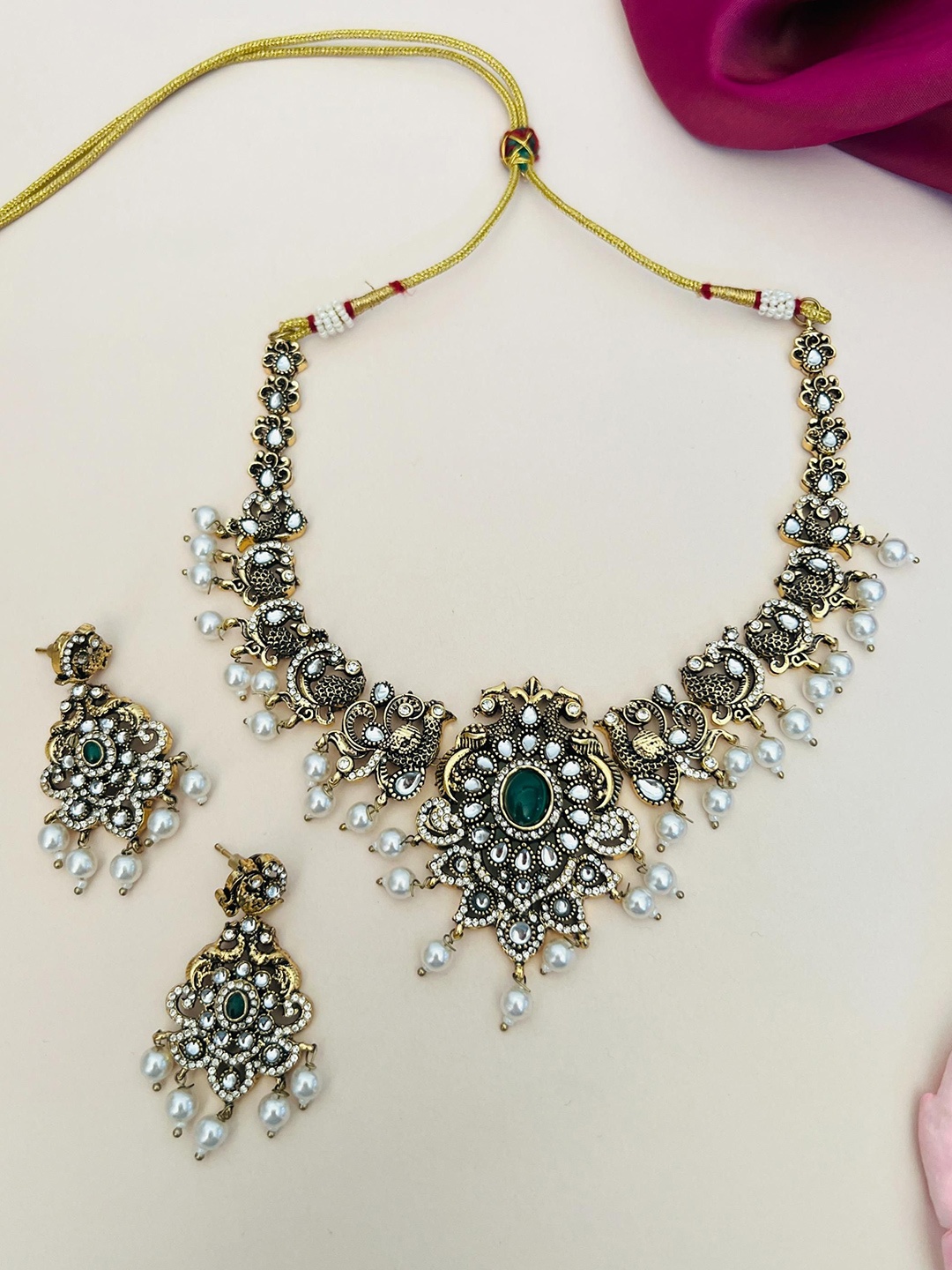 

ABDESIGNS Gold-Plated Stone Studded & Beaded Jewellery Set