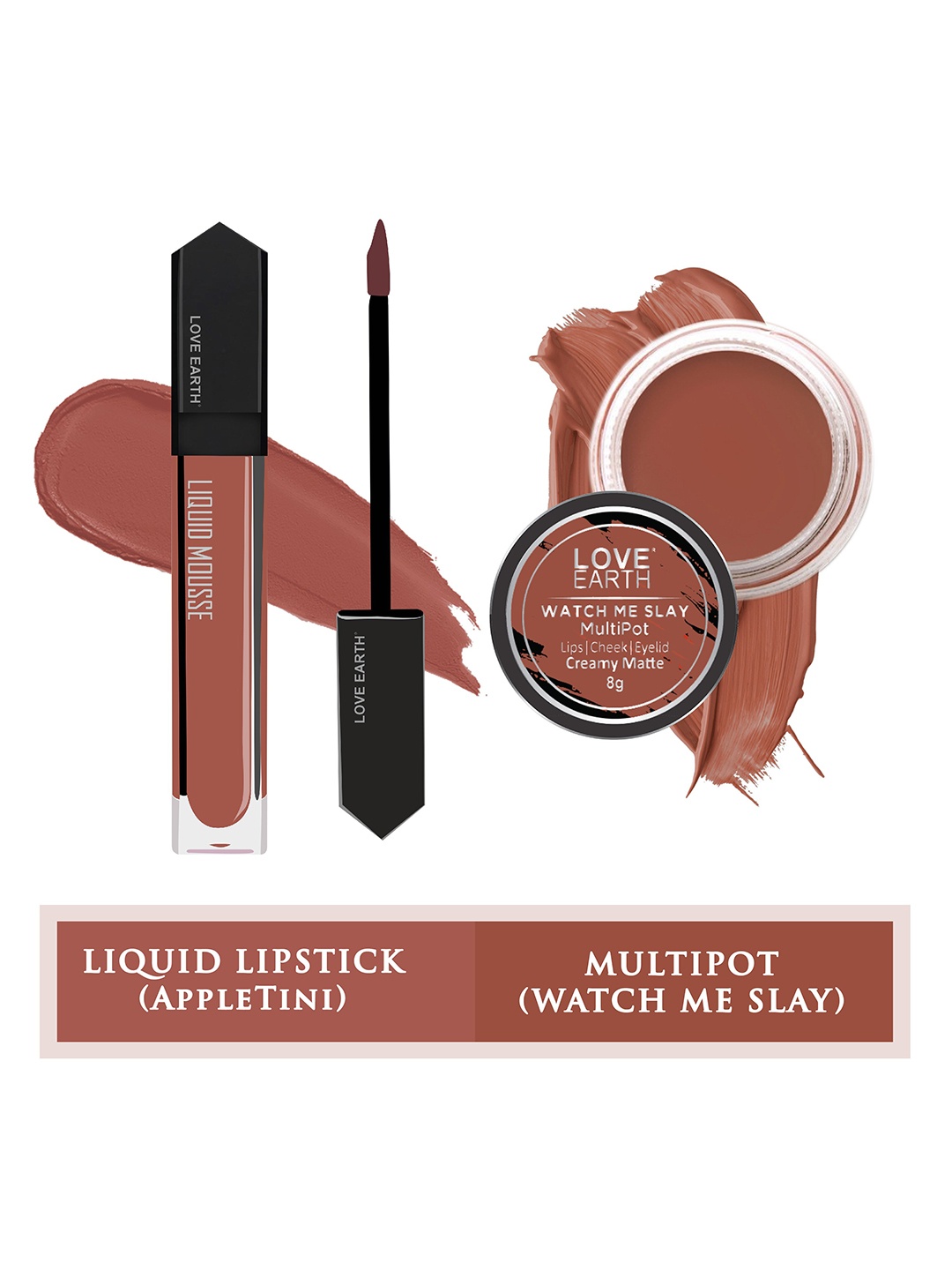 

LOVE EARTH Set Of 2 Liquid Mousse Matte Lipstick - 6ml-Lip Tint & Cheek Tint Multipot - 8g, Camel brown