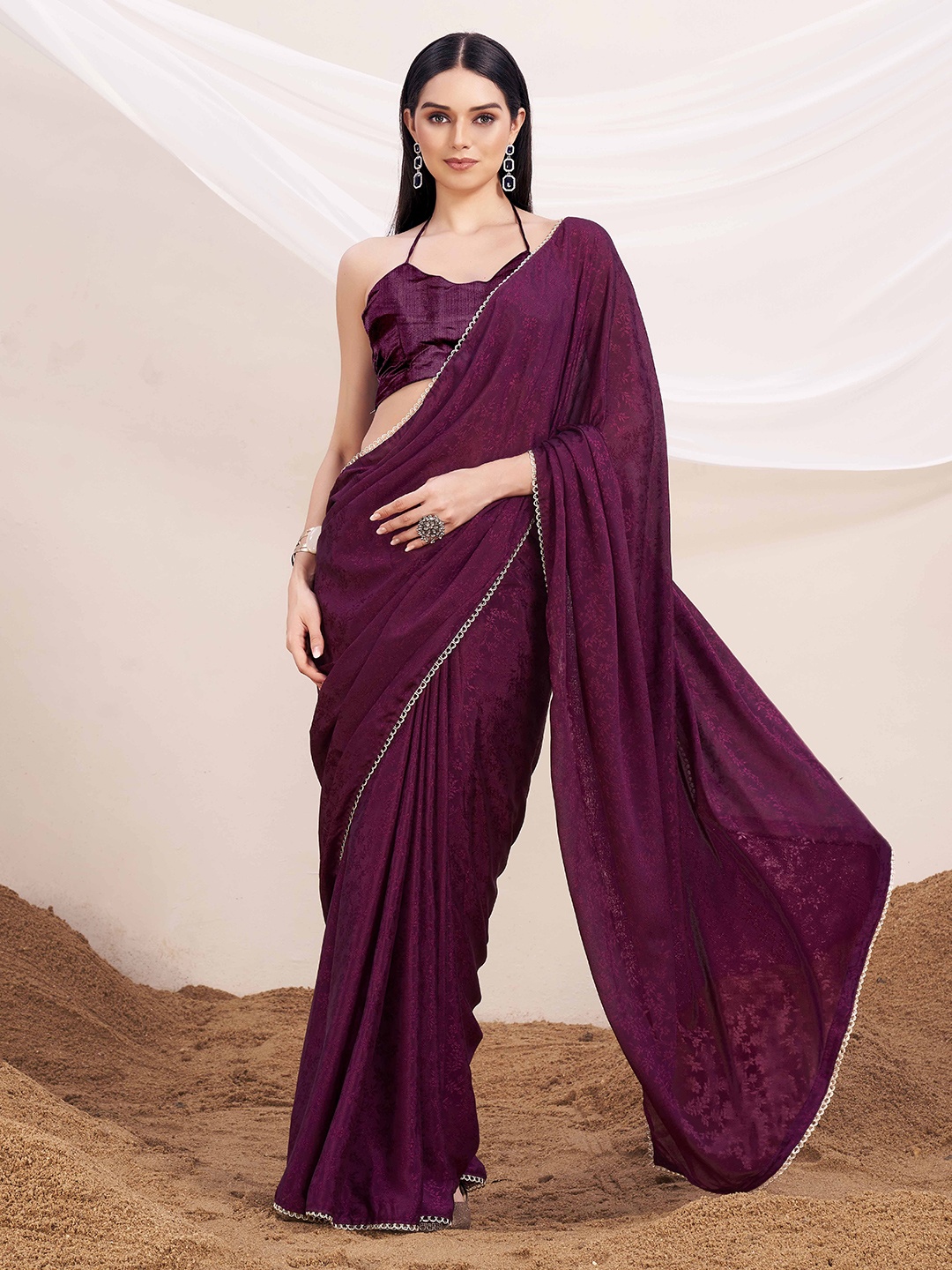 

Tikhi Imli Sequinned Poly Crepe Saree with Embellished Lace, Magenta