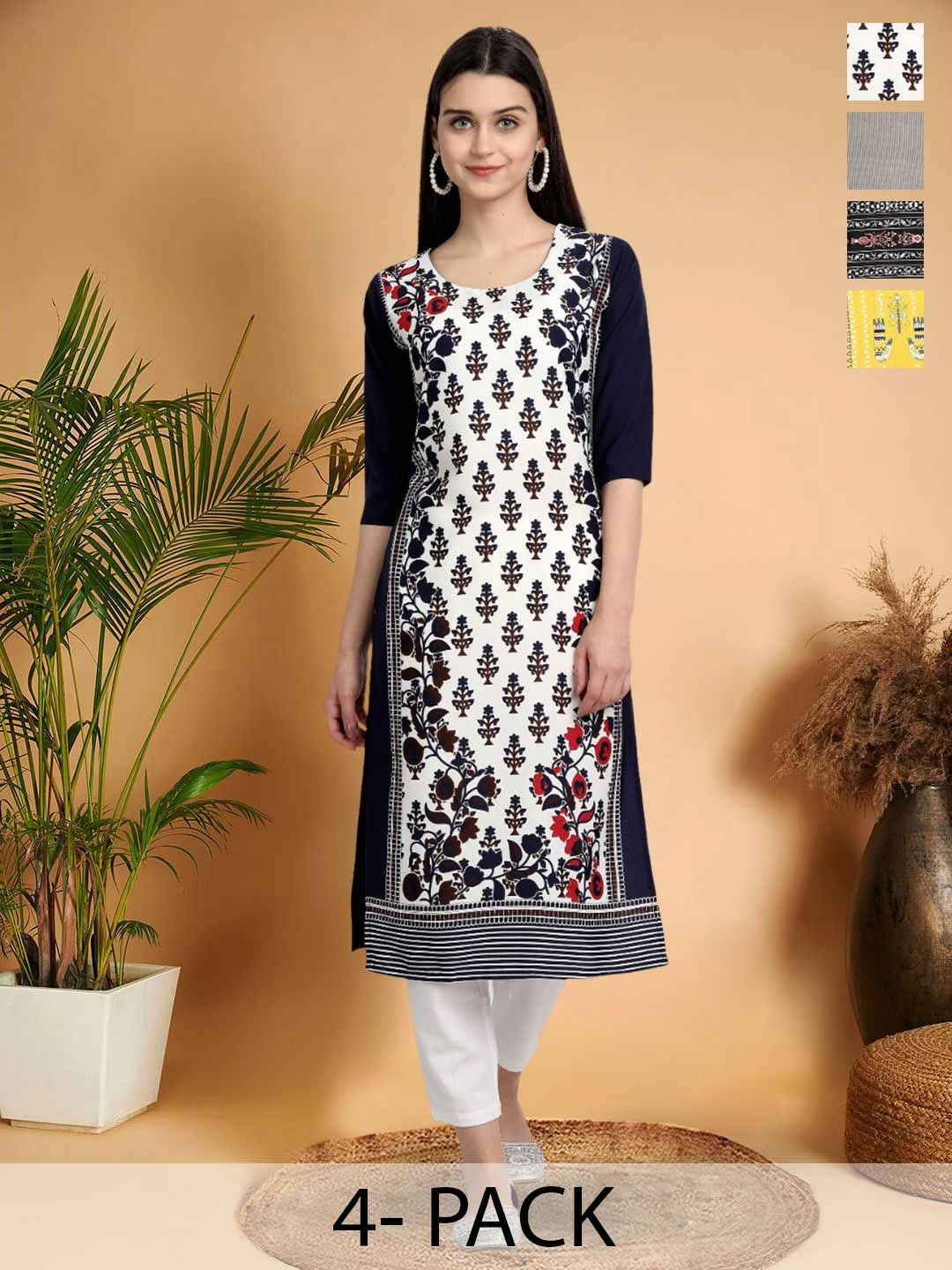 

7Threads Selection Of 4 Ethnic Motifs Printed Round Neck Straight Kurtas, Black