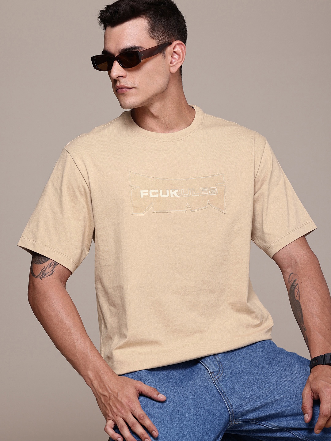 

FCUK Brand Logo Printed Drop-Shoulder Sleeves Relaxed Fit Pure Cotton T-shirt, Beige