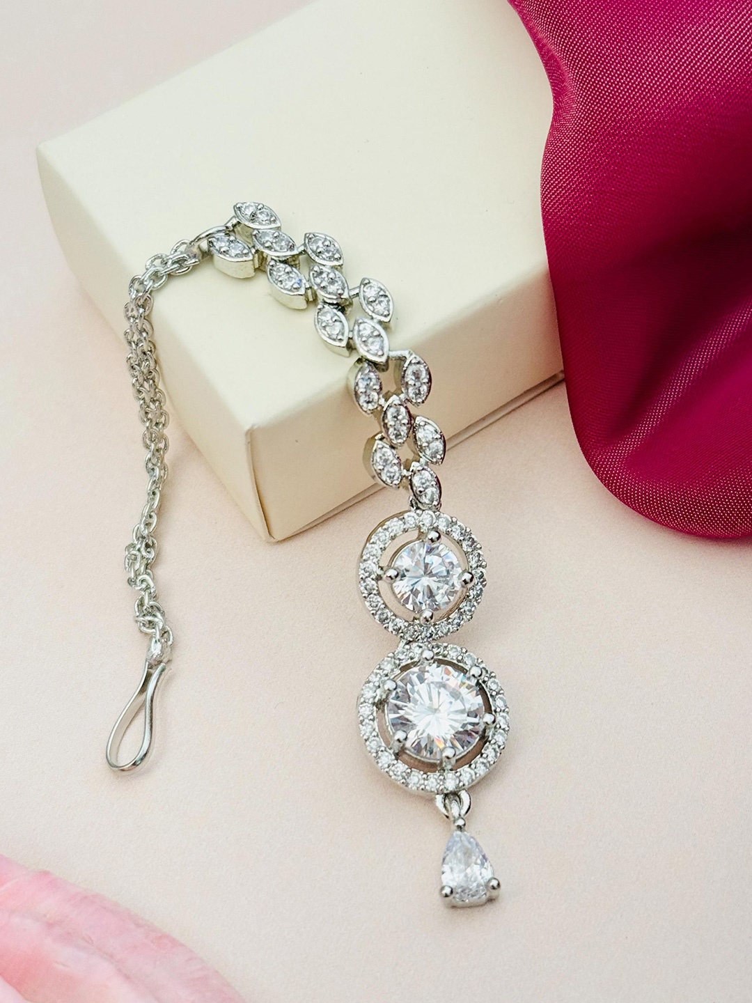 

ABDESIGNS Silver-Plated American Diamond Studded Maang Tikka