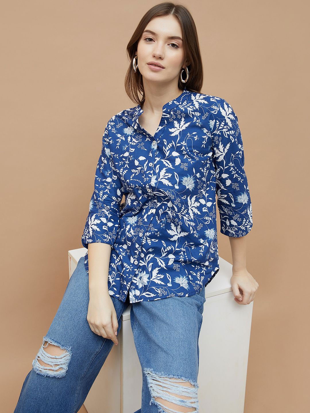 

Colour Me by Melange Women Mandarin Collar Floral Printed Cotton Casual Shirt, Blue