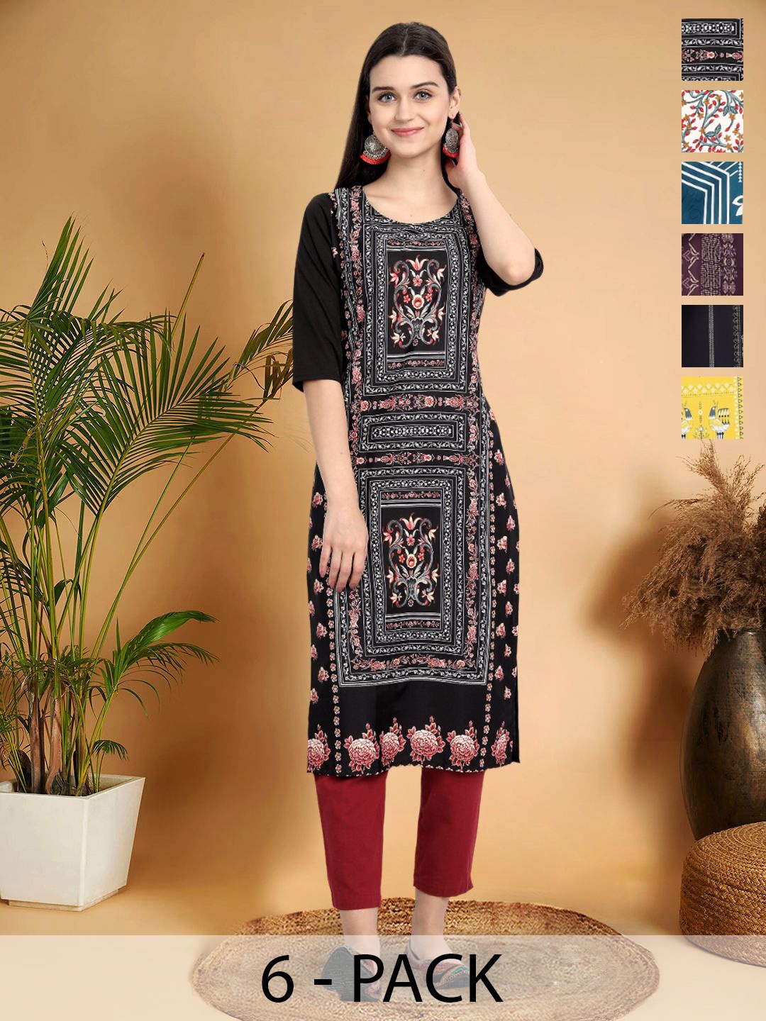 

7Threads Selection Of 6 Ethnic Motifs Printed Round Neck Straight Kurtas, Black