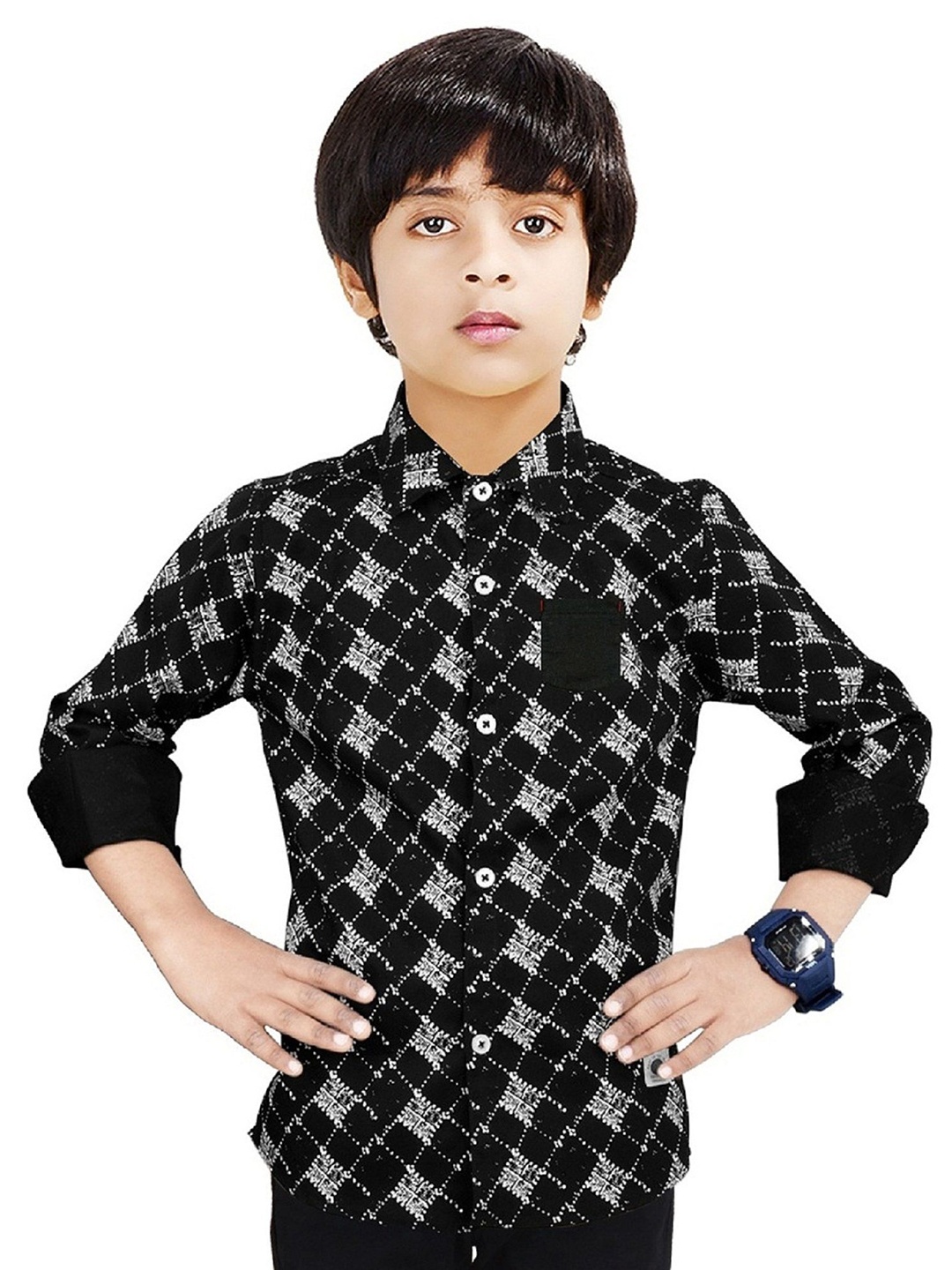 

MADE IN THE SHADE Boys Spread Collar Geometric Printed Cotton Casual Shirt, Black